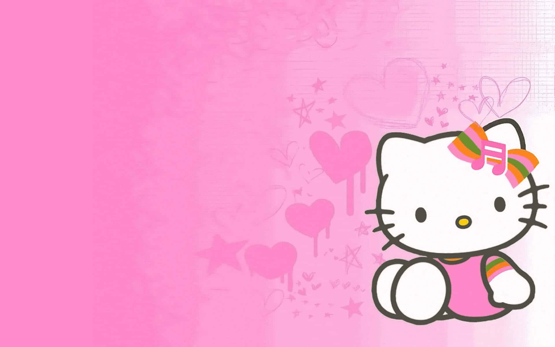 Hello Kitty Met Oranje En Groen Strikkie Agtergrond Muurpapier