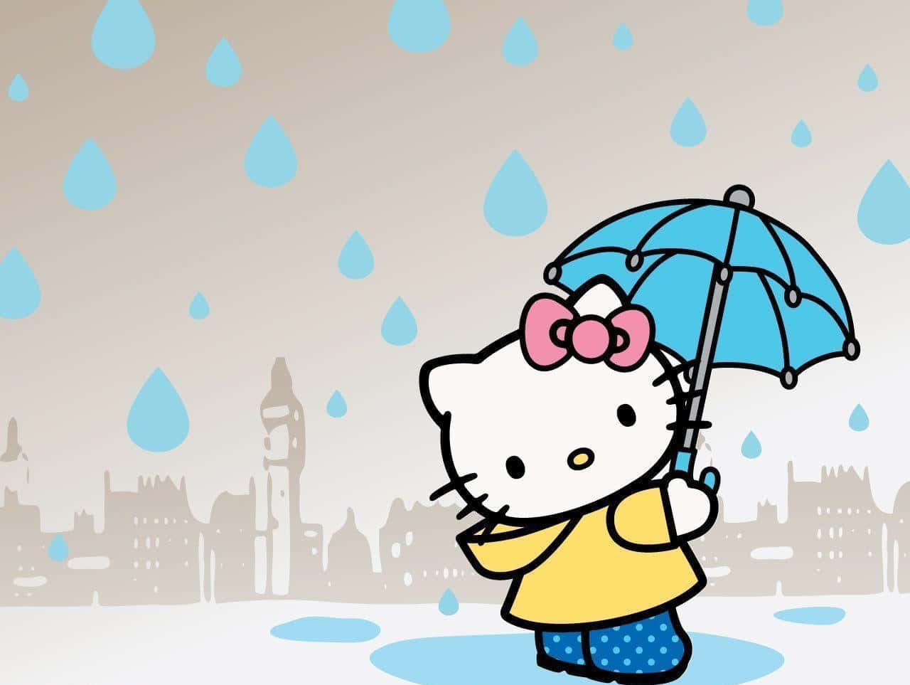 Hello Kitty Reënstad Skootrekenaar Muurpapier