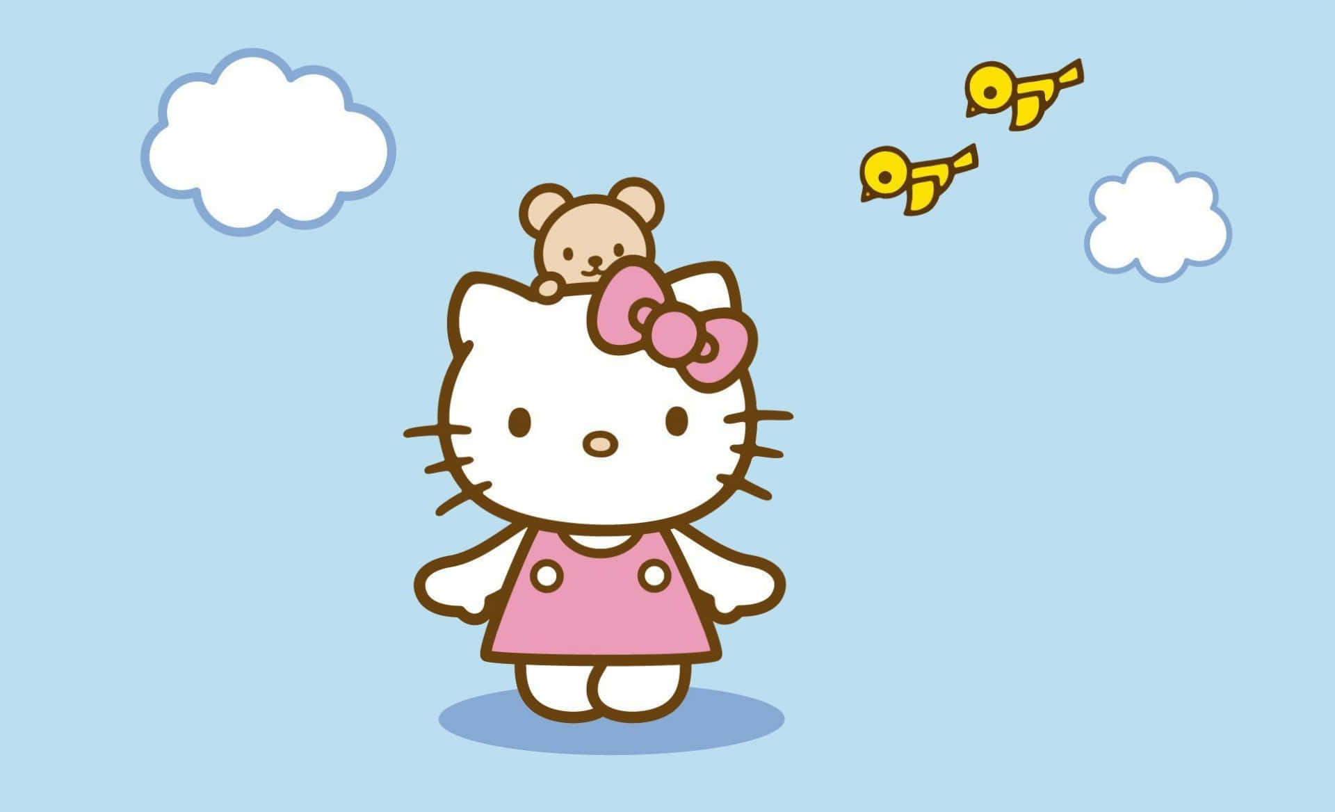 Hello Kitty Skootter Voëls En Wolke Muurpapier