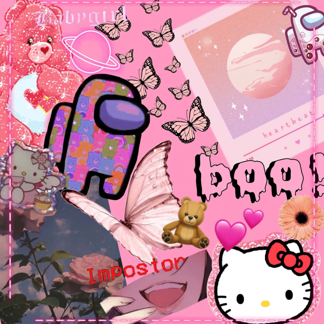 hello kitty, teddiebeer en ander items word op 'n pienk agtergrond gewys Muurpapier