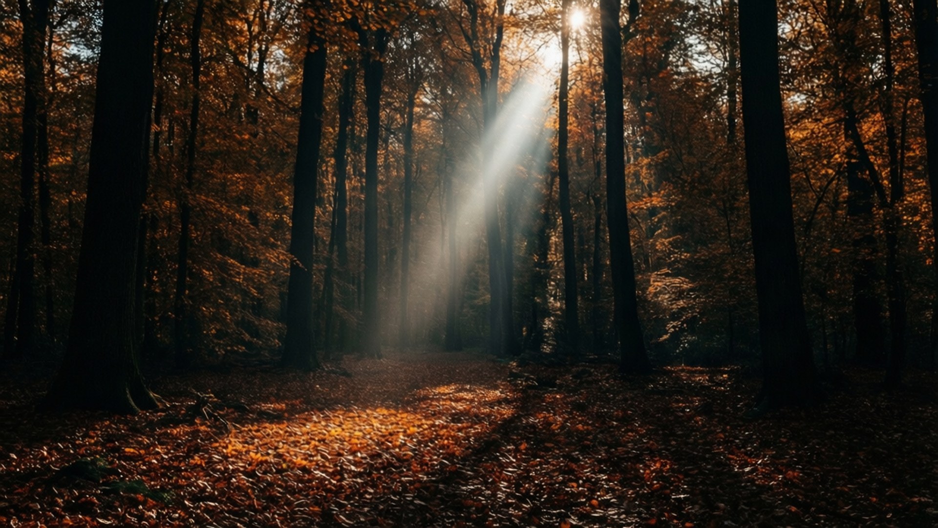 Herfs Sonstraal in Donker Bos Muurpapier