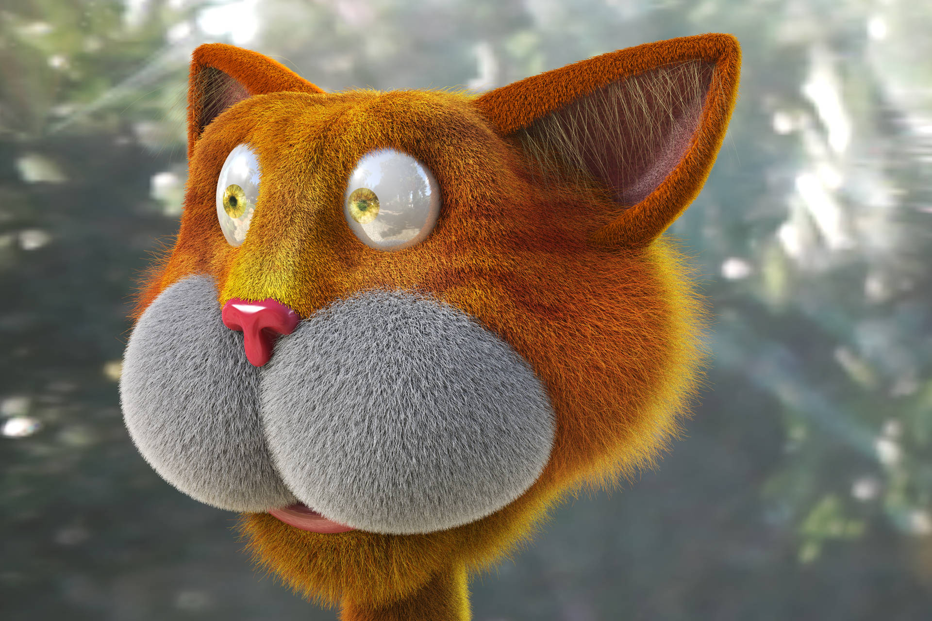 Kopskoot van 3D oranje kat met realistiese pels agtergrond
