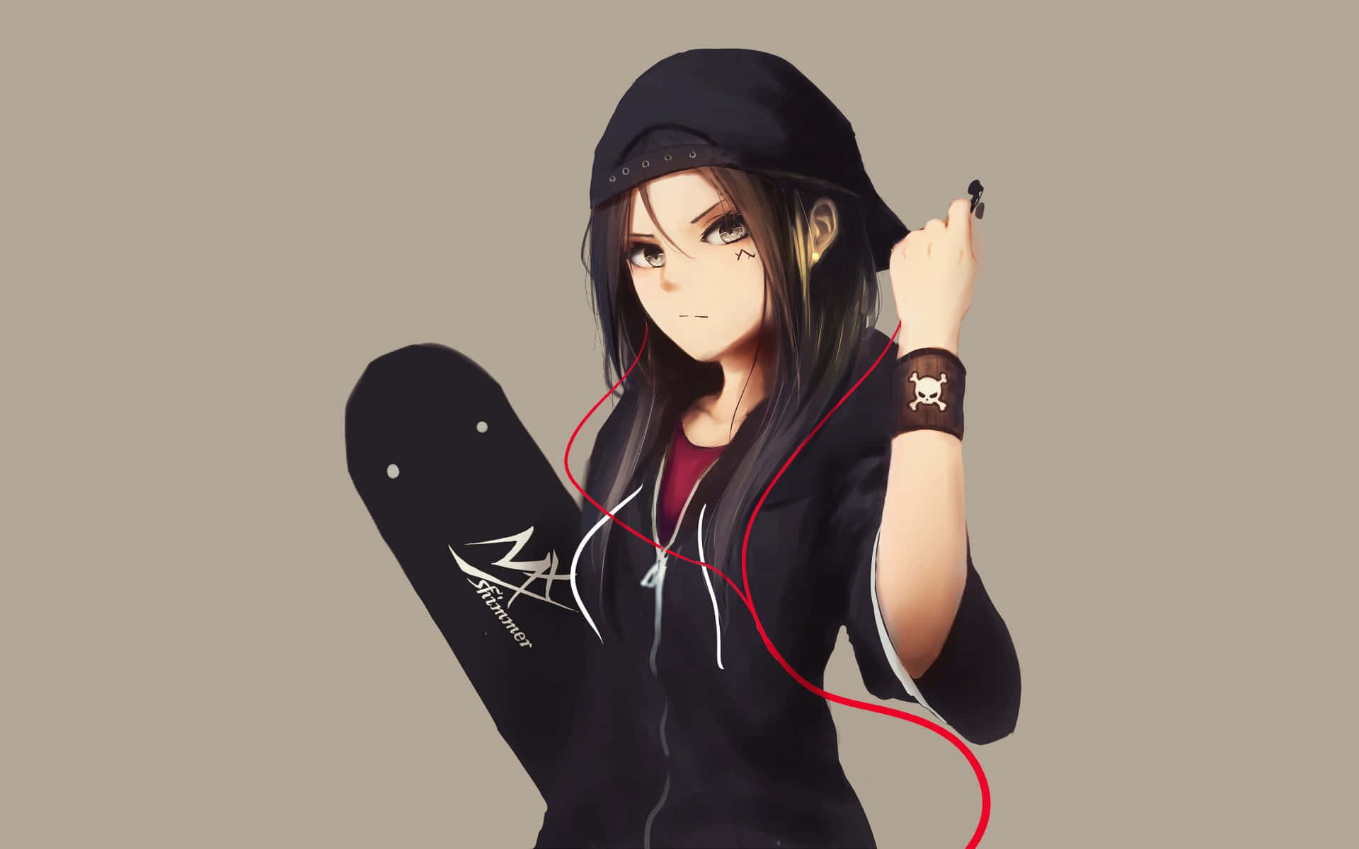 Hierdie stylvolle Anime Meisie dra 'n koel hoodie. Muurpapier
