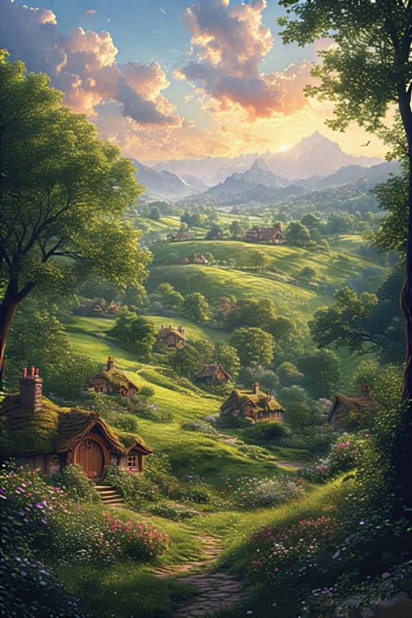Hobbiton-heuwels en Hobbit-huise Fantasie 4K Muurpapier