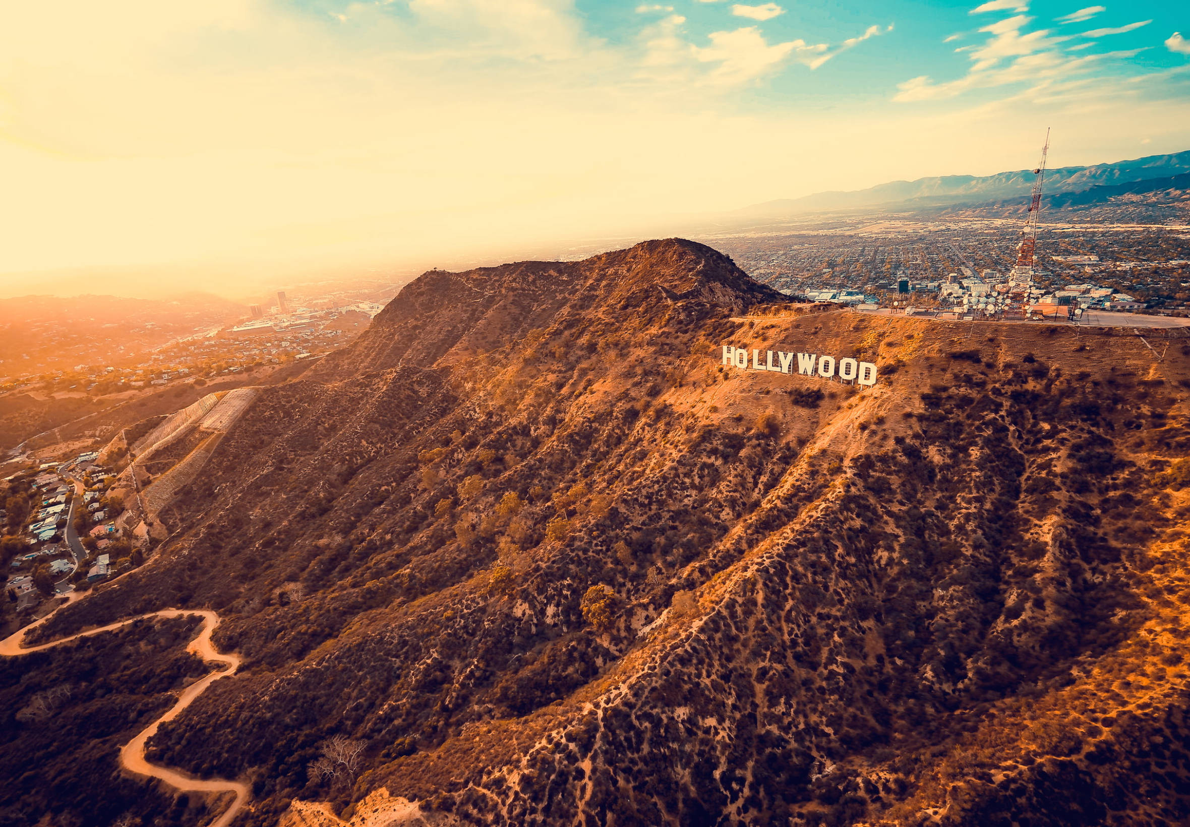 Hollywood-teken Los Angeles Sonsondergang Muurpapier