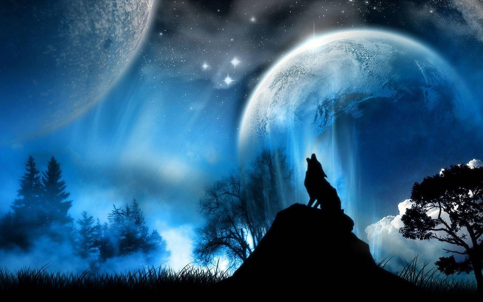 Huilende Wolf en Galaksiemaan Grafika Muurpapier