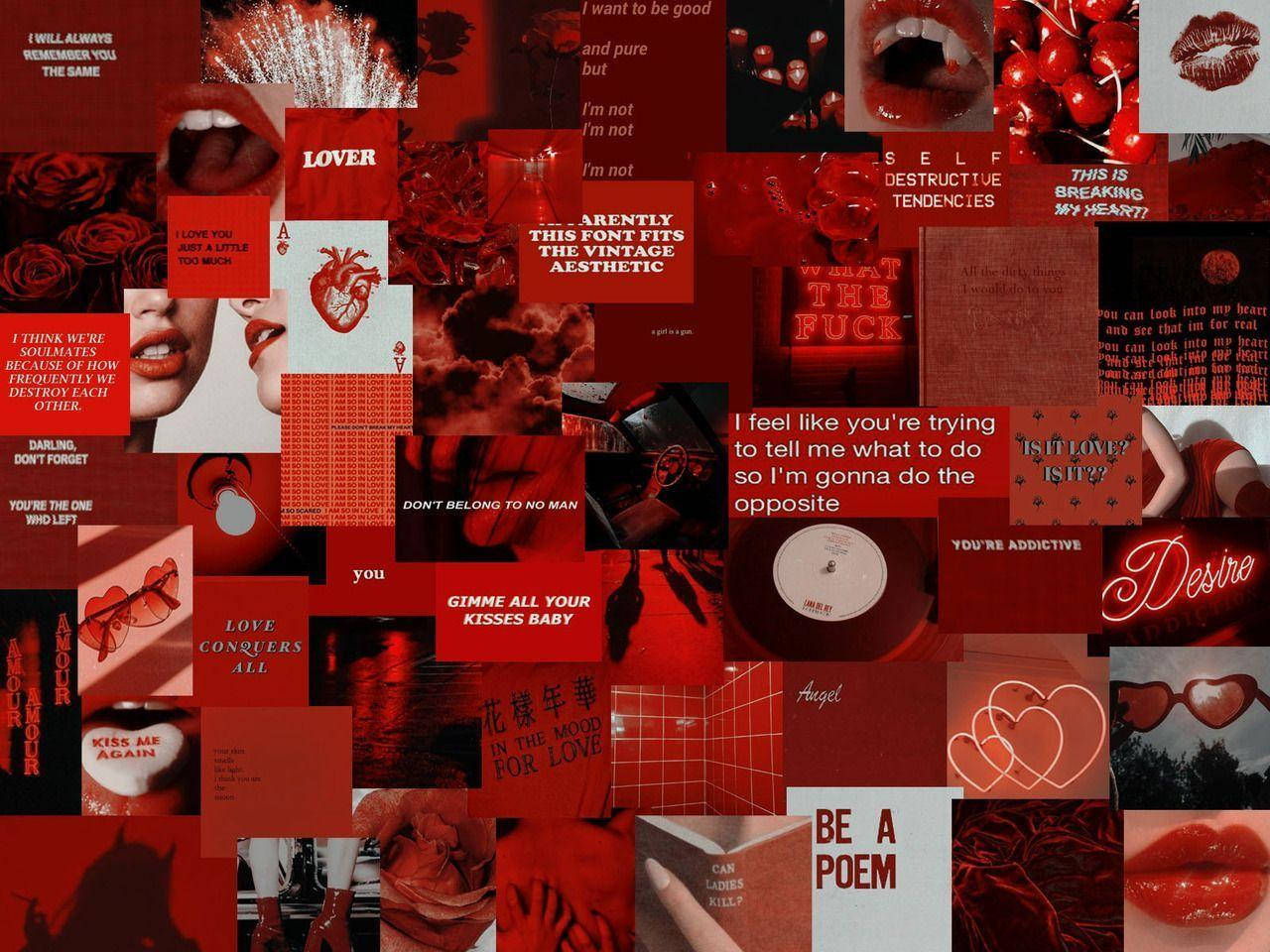 Indie-estetiese Rooi Collage-skootrekenaar Muurpapier