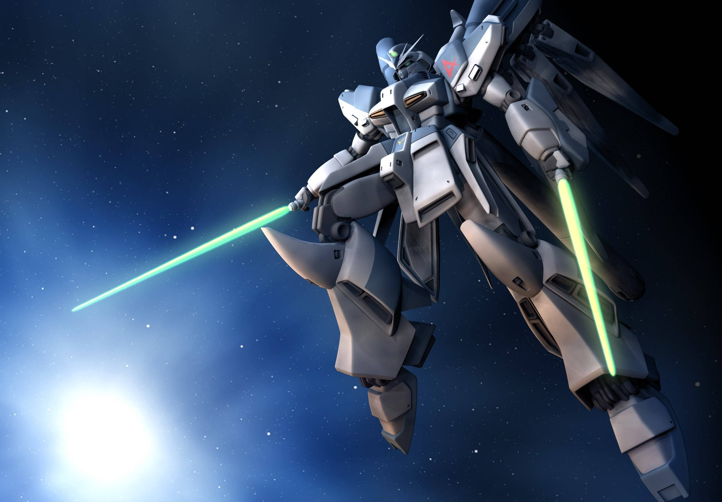 Intense gevegstoneel met wit en groen Mobile Suit Gundam Muurpapier