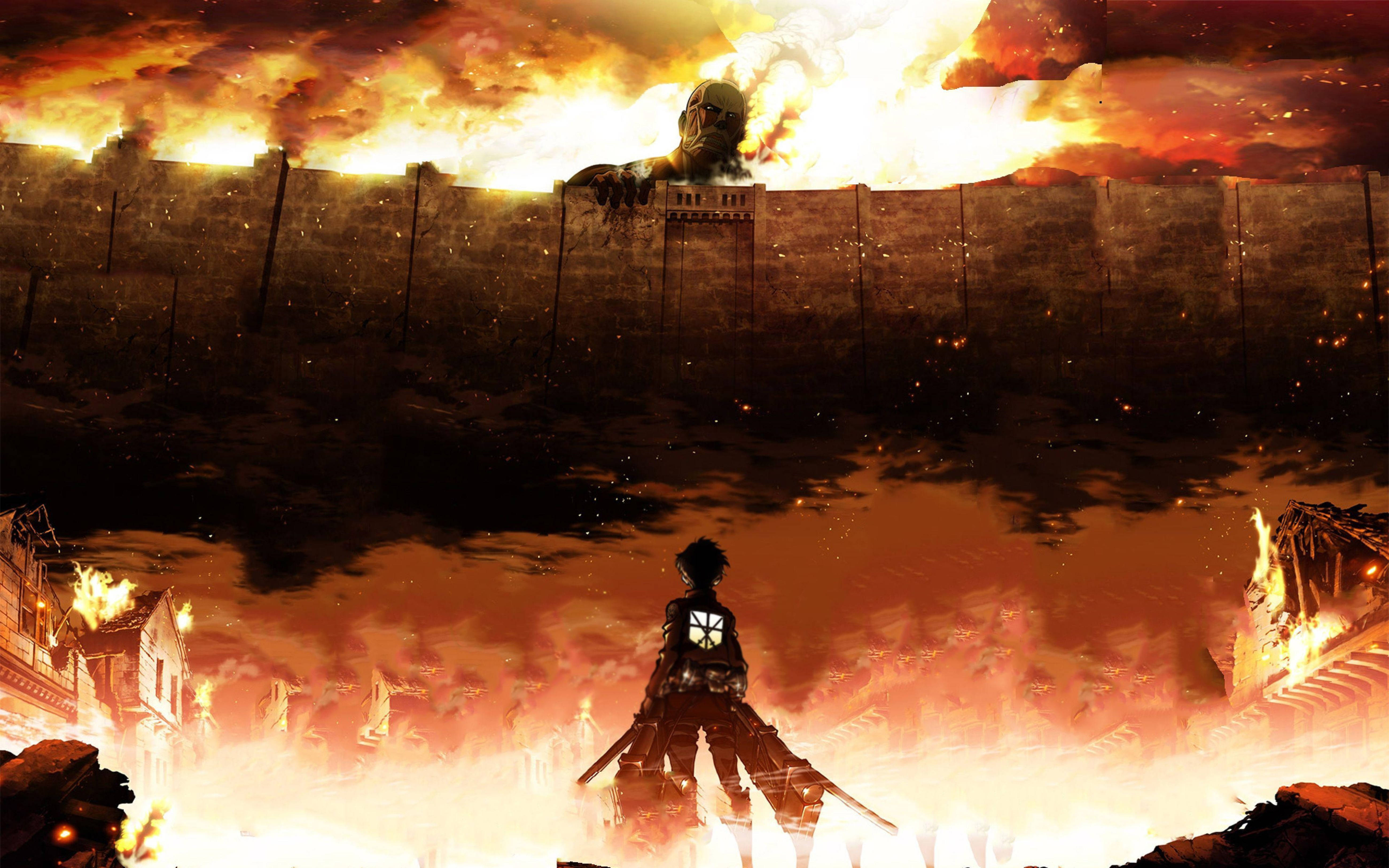 Intense Oomblik uit Attack on Titans 4K, met Eren in Stoomtitaan-vorm Muurpapier