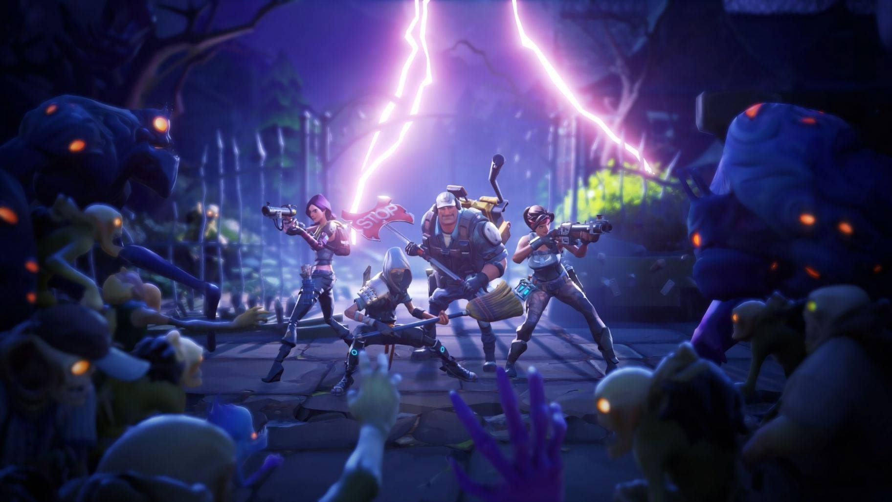 'n Span beskerm 'n portaal en veg teen 'n swerm zombies-agtergrond.