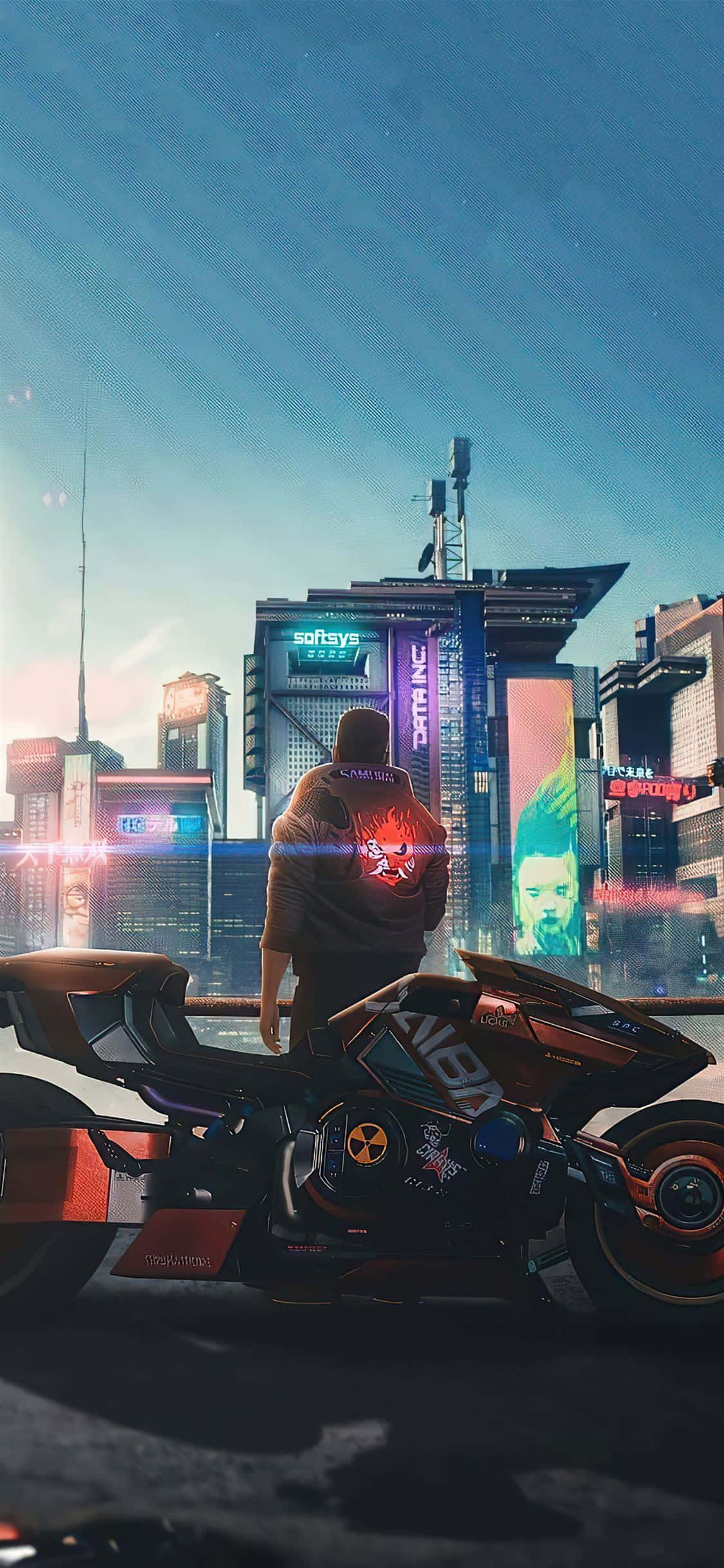 iPhone X Cyberpunk 2077 Agtergrond Man Met 'n Motorfiets Muurpapier