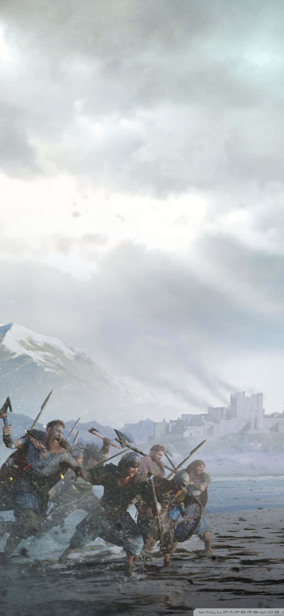 iPhone Xs Assassin's Creed Valhalla Aanvallende Vikingleër Agtergrond Muurpapier