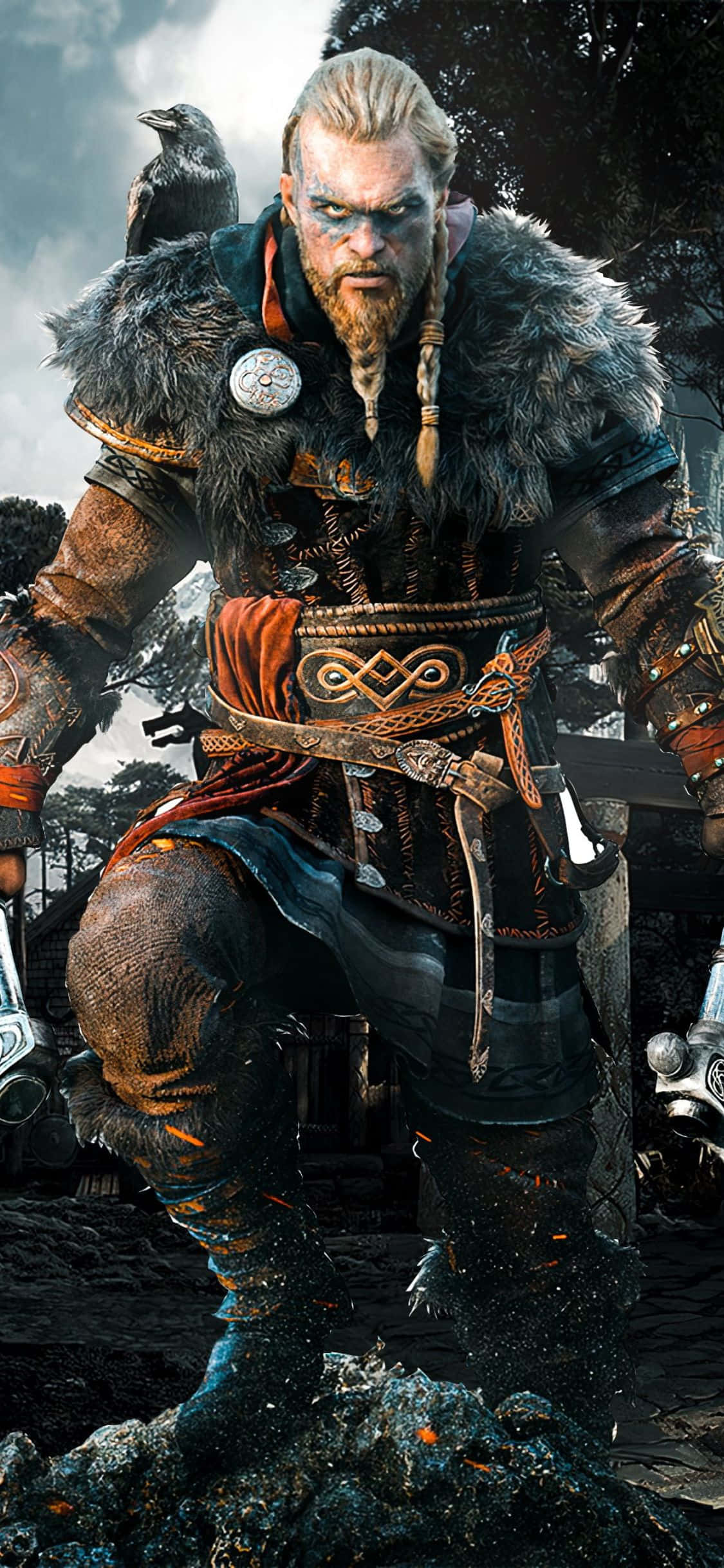 iPhone Xs Assassin's Creed Valhalla Eivor wat uit die See Kom-agtergrond Muurpapier