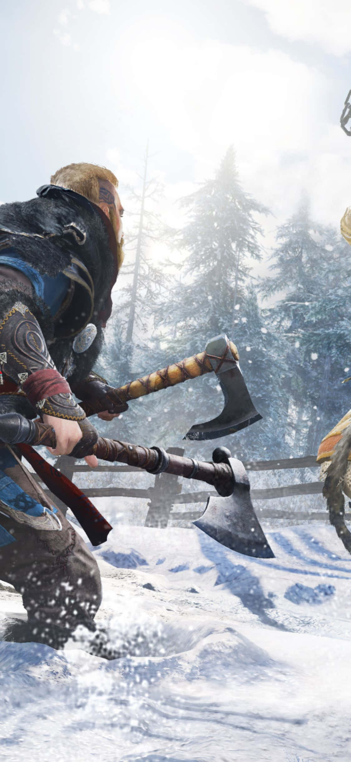 iPhone Xs Assassin's Creed Valhalla Man met Twee Byle Agtergrond Muurpapier