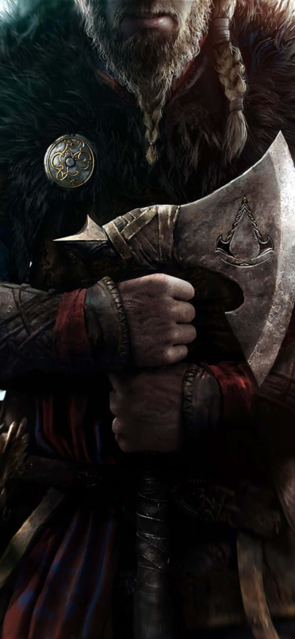 iPhone Xs Assassin's Creed Valhalla Vikingkryger wat 'n Byl Vashou Agtergrond Muurpapier