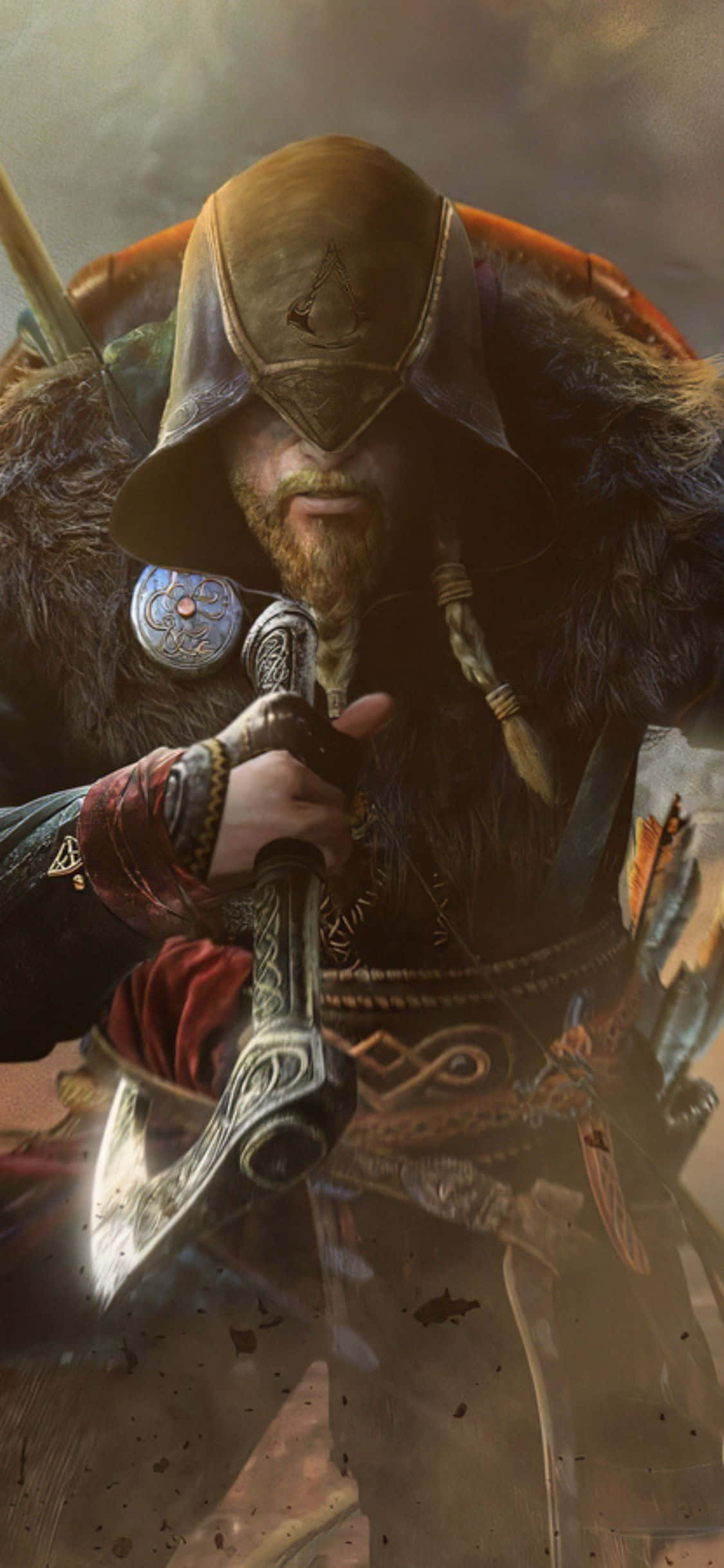 iPhone Xs Assassin's Creed Valhalla Viking met Kappie en 'n Byl-agtergrond Muurpapier