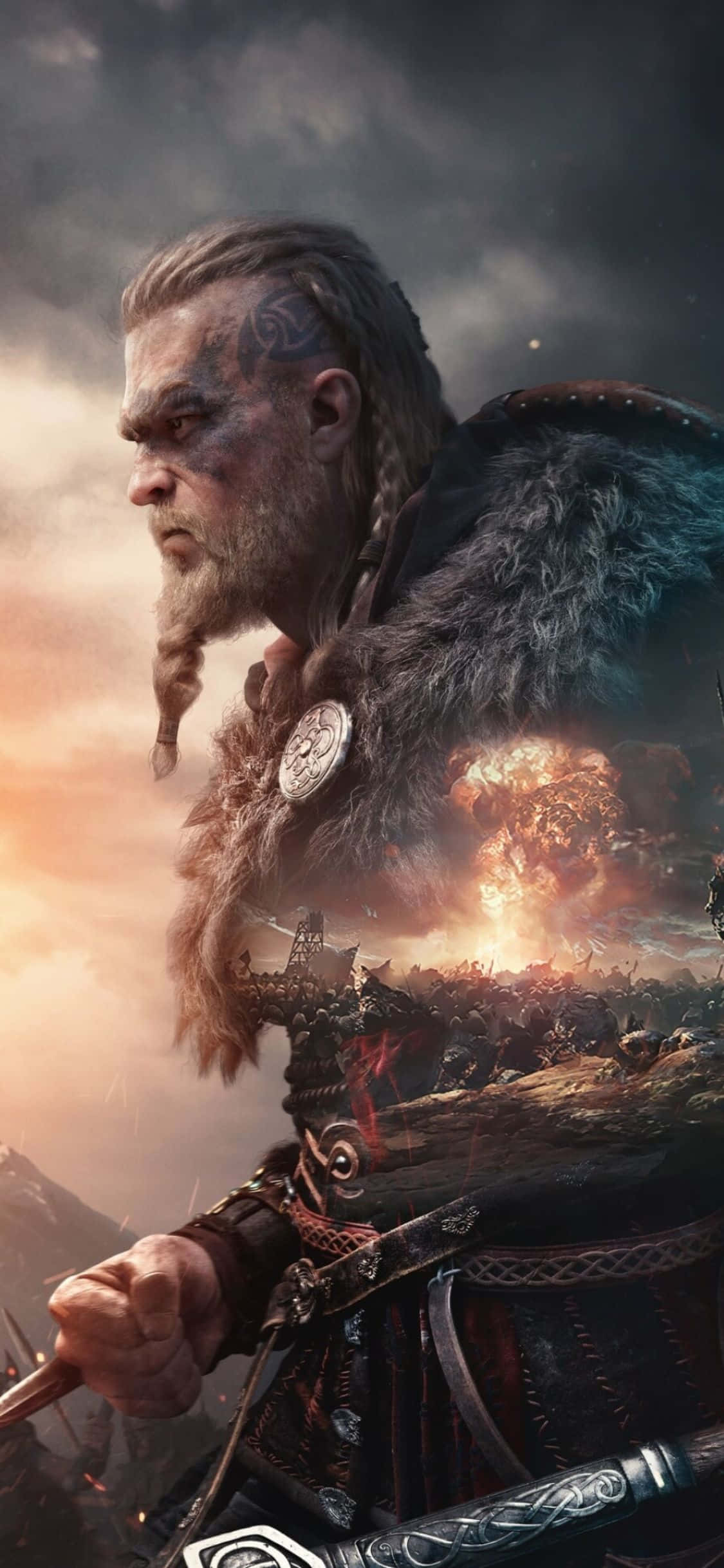 iPhone Xs Assassin's Creed Valhalla Eivor met 'n Afgesnyde Ontploffing-agtergrond Muurpapier