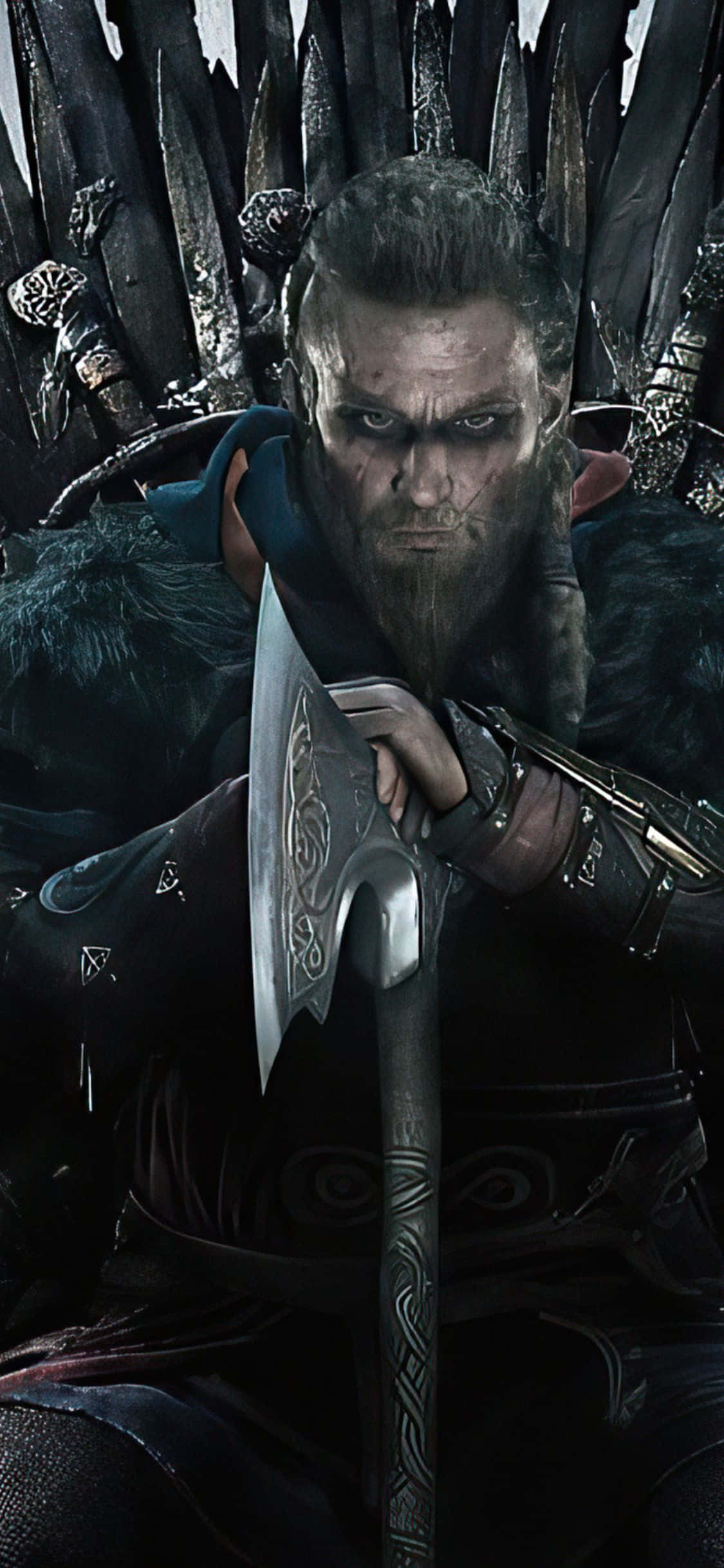 iPhone XS Assassin's Creed Valhalla Eivor Sit Op 'n Troon Agtergrond Muurpapier