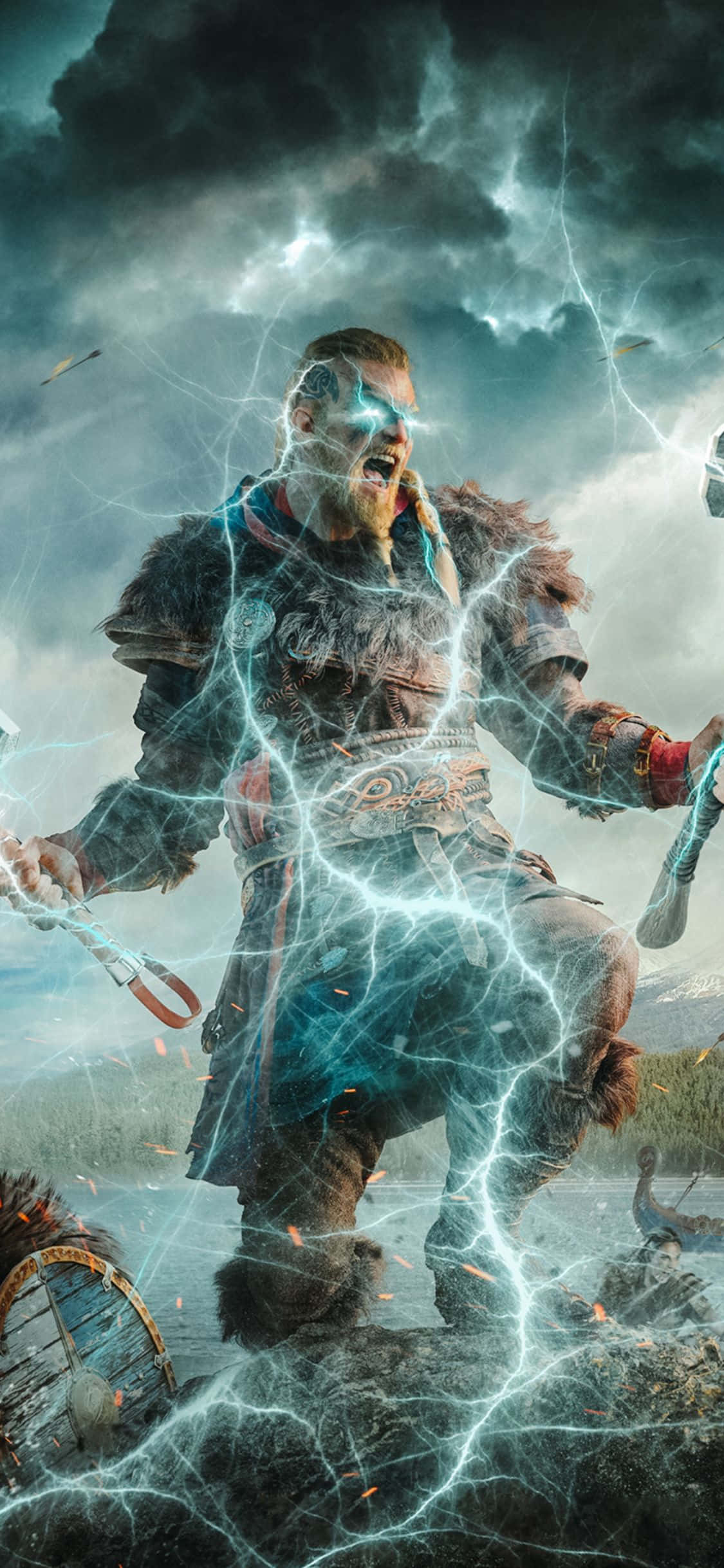 iPhone Xs Assassin's Creed Valhalla Eivor Weerligeffek Agtergrond Muurpapier