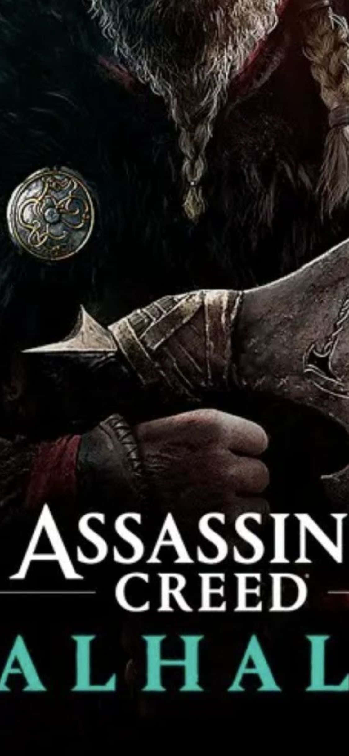iPhone Xs Assassin's Creed Valhalla Speletjie-titelplakkaat-agtergrond Muurpapier