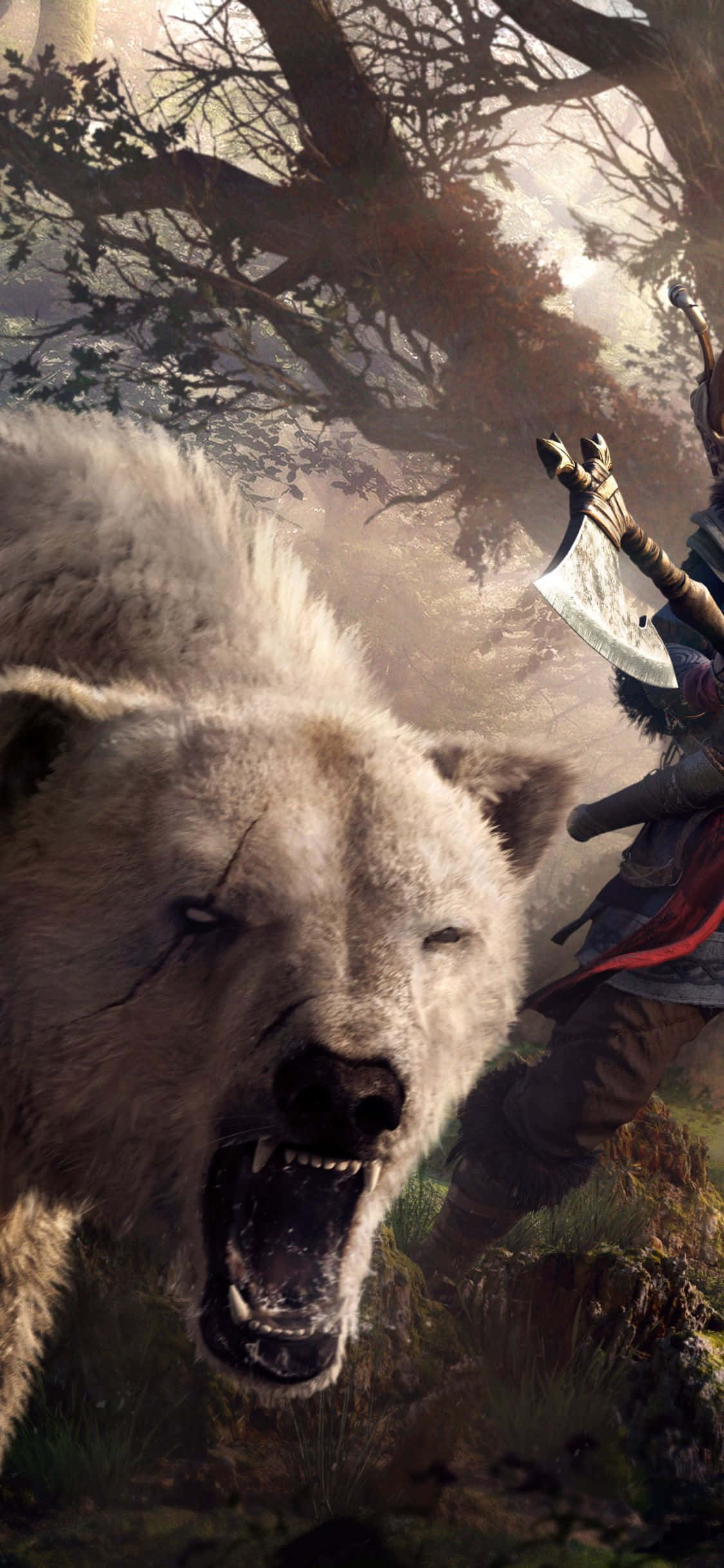 iPhone Xs Assassin's Creed Valhalla Wit Beer Brullende Agtergrond Muurpapier