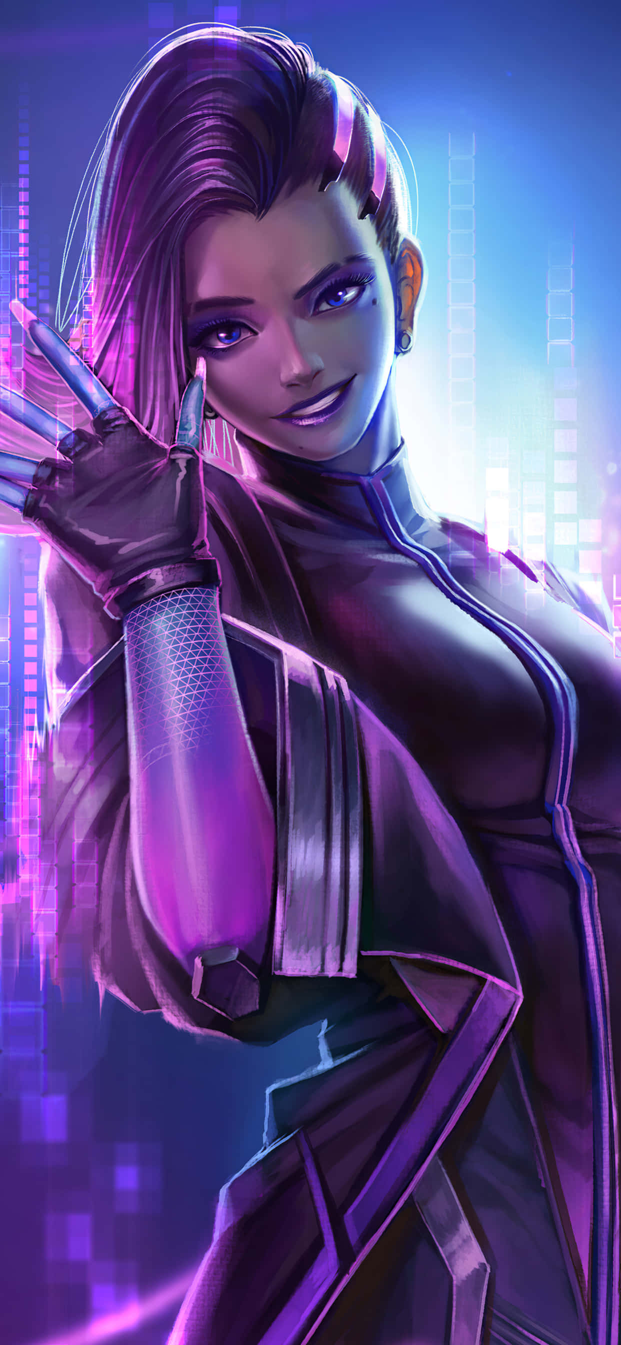 iPhone Xs Max Overwatch-agtergrond Sombra wat haar hand waai Muurpapier