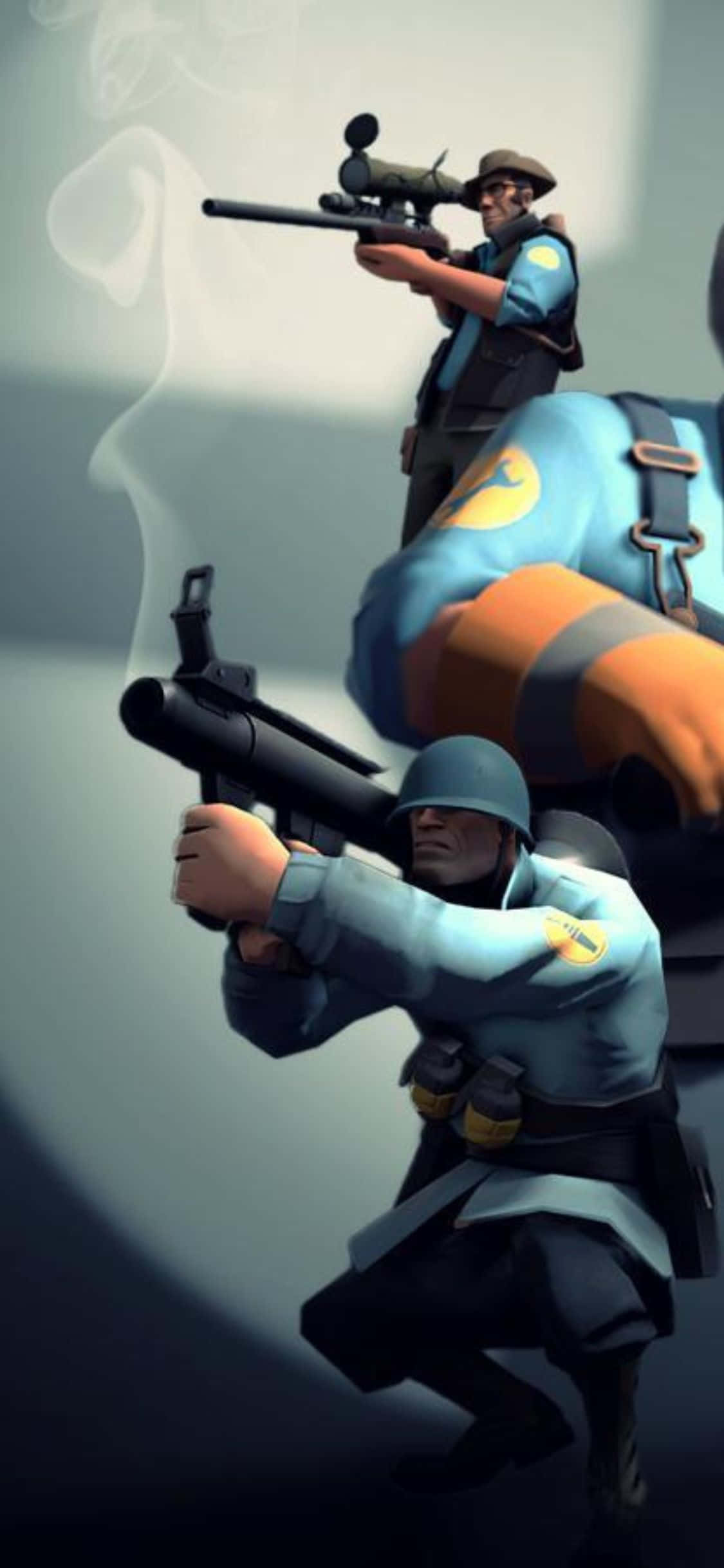 iPhone XS Team Fortress 2 Karakters Met Blou Uniforme Agtergrond Muurpapier