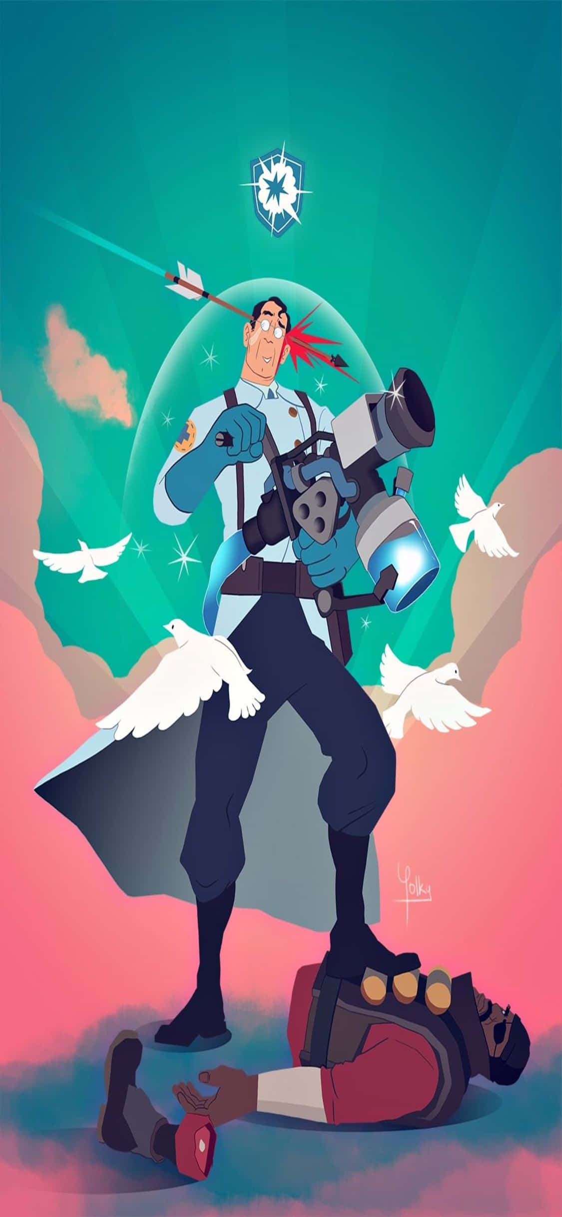 iPhone Xs Tf2 Agtergrond Aanhangerkuns Van Die Medikus Wat Bo-op Demoman Staan Muurpapier