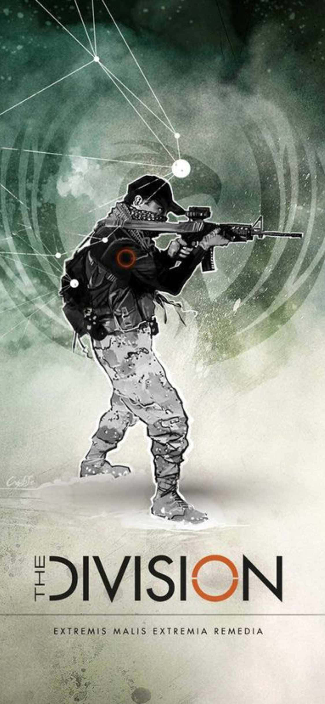 iPhone Xs The Division Agtergrond Speletjie Titel Plakkaat met Man wat Mik Muurpapier