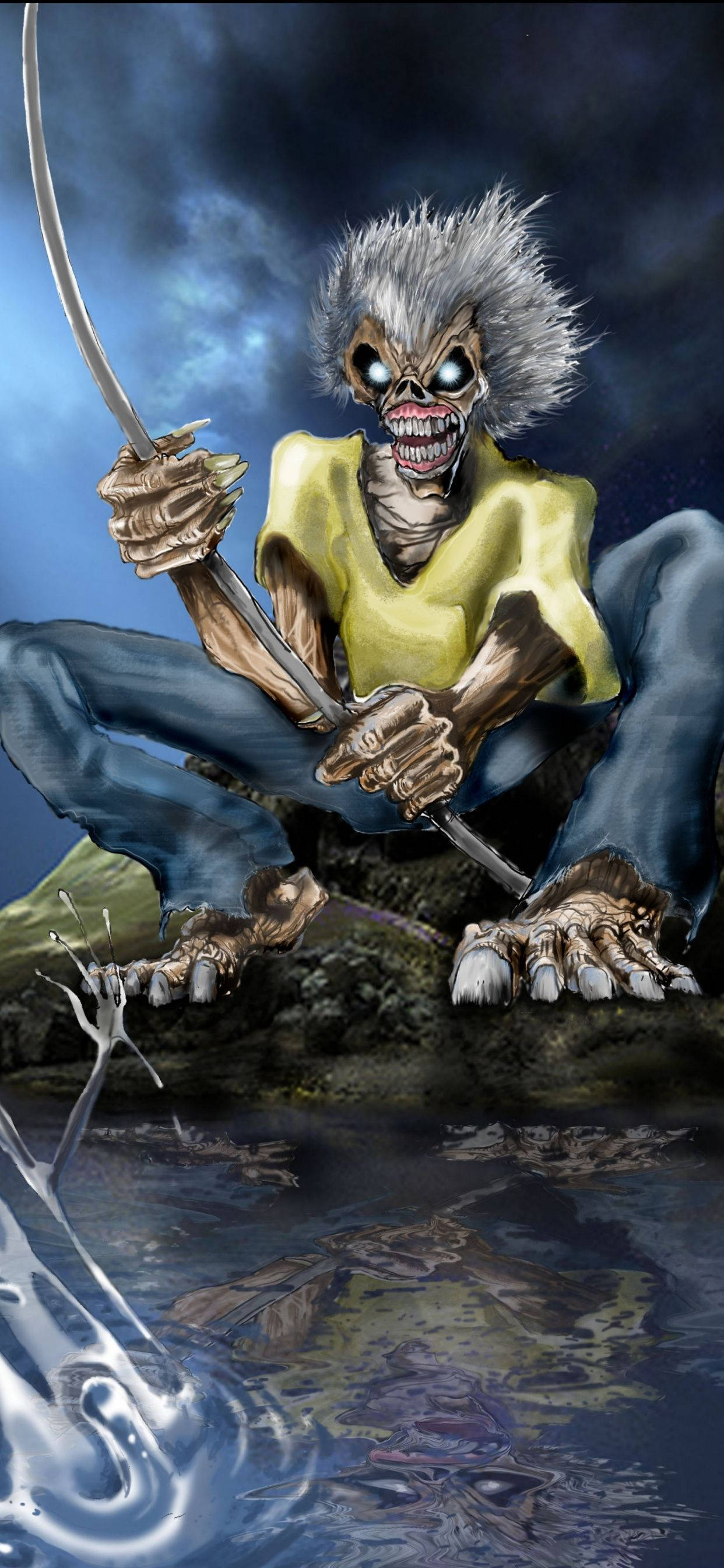 Iron Maiden se Eddie met 'n Katana Swaard Muurpapier