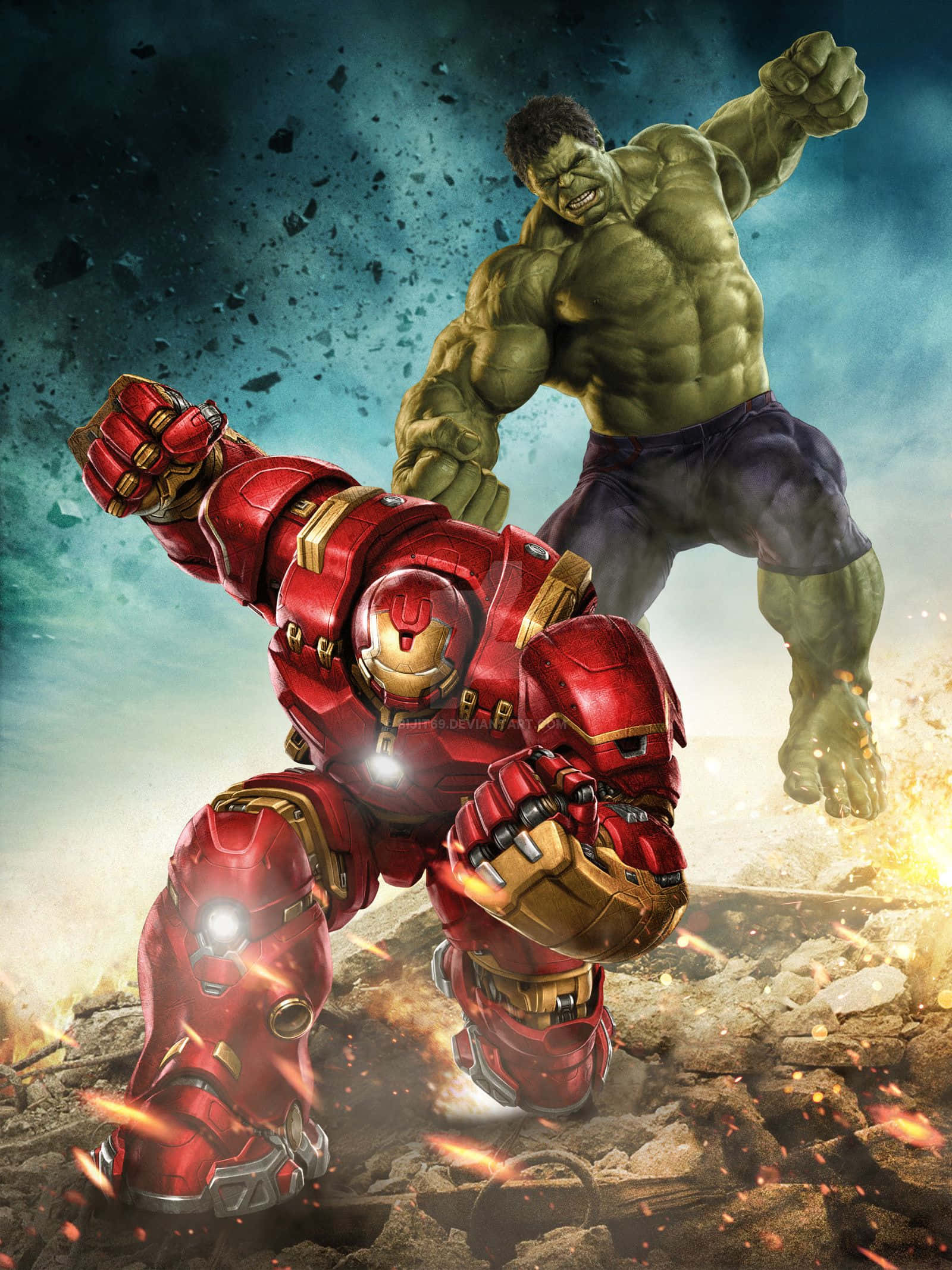 Iron Man en die Hulk staan teenoor mekaar in 'n epiese geveg Muurpapier