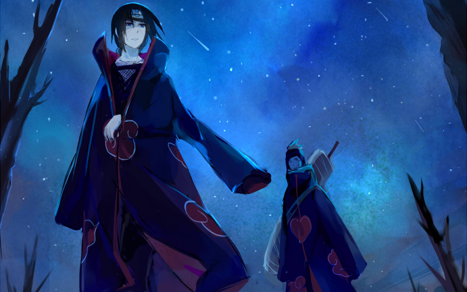 Itachi en Kisame onder 'n gloeiende lug Muurpapier
