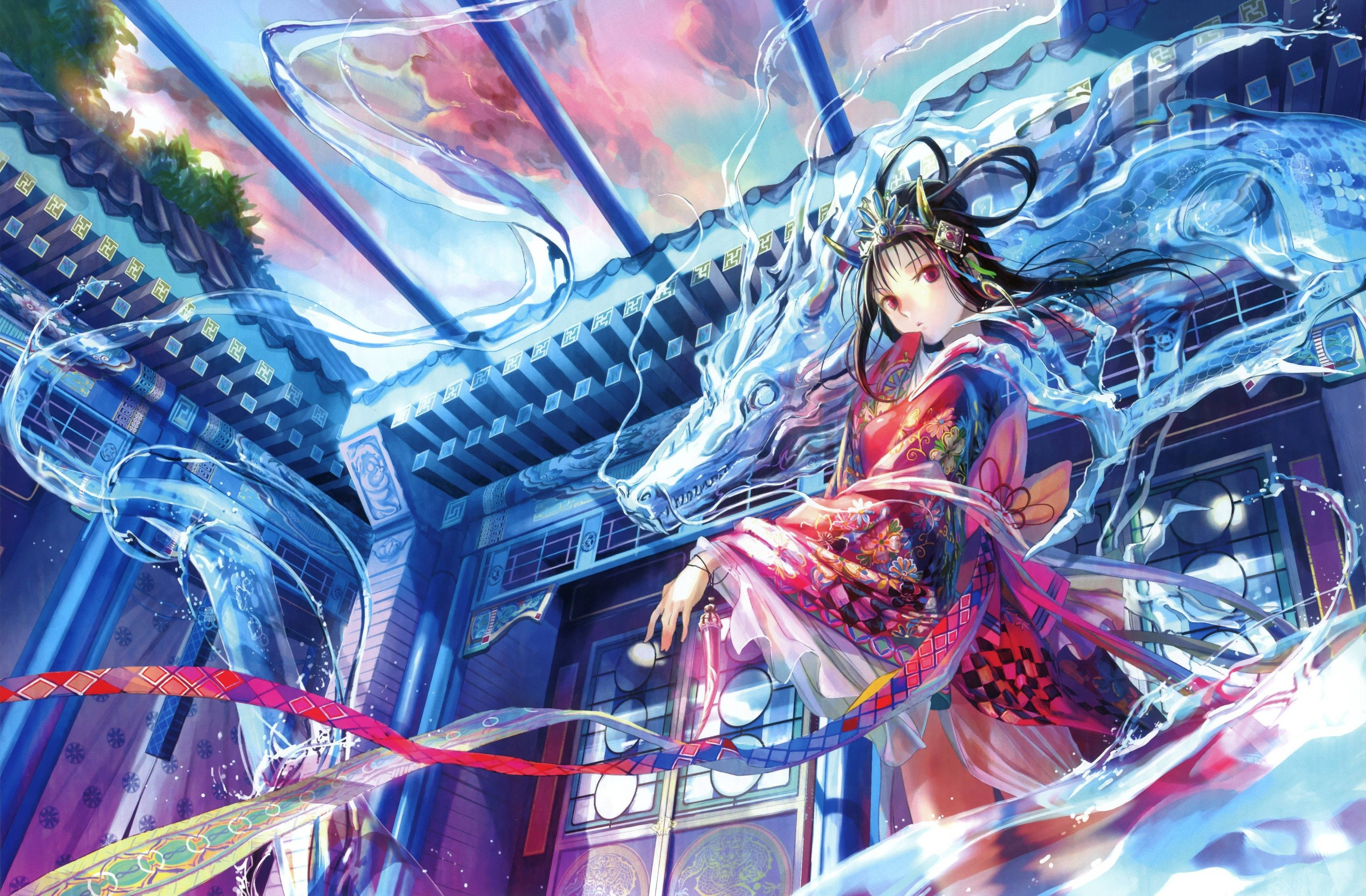 Japanese Dragon PC Anime Meisie Muurpapier