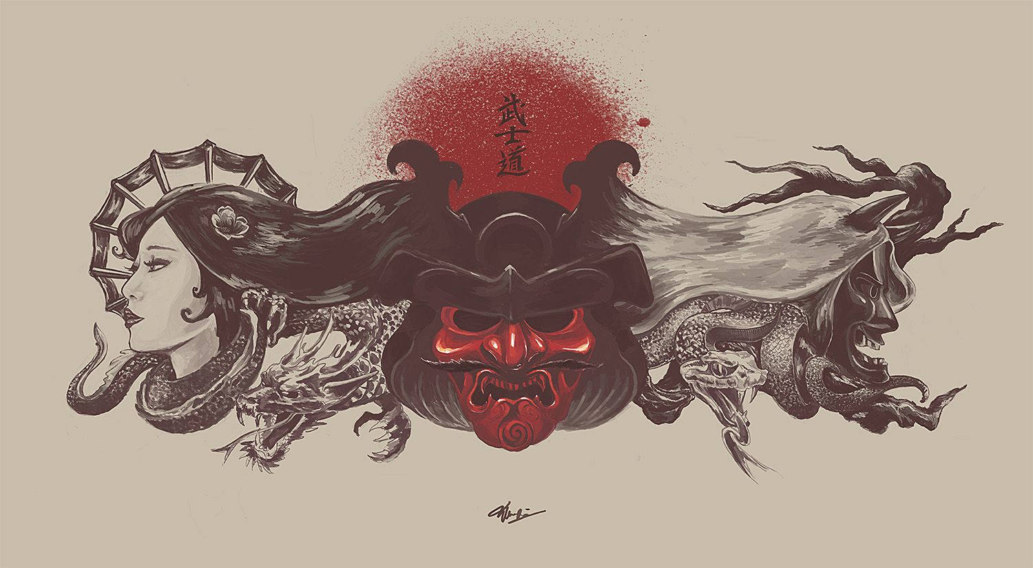 Japanese Samurai Vrou En Demoon Muurpapier