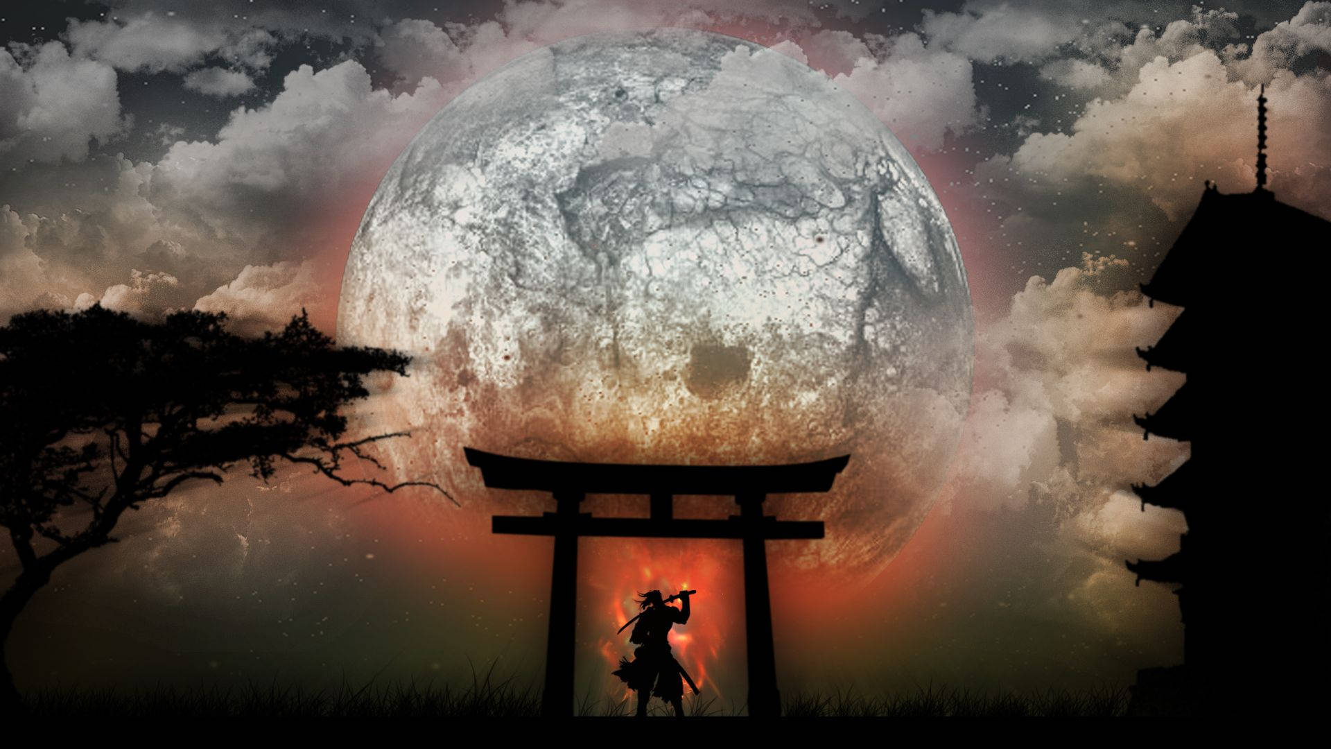 Japanese Samurai Maan Torii Muurpapier