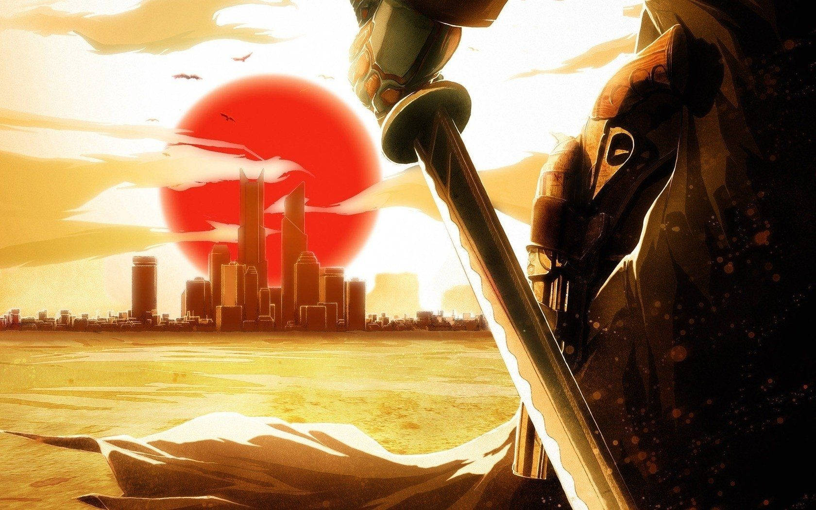 Japanese Samurai wat die Stad In die Gesig Staar Muurpapier