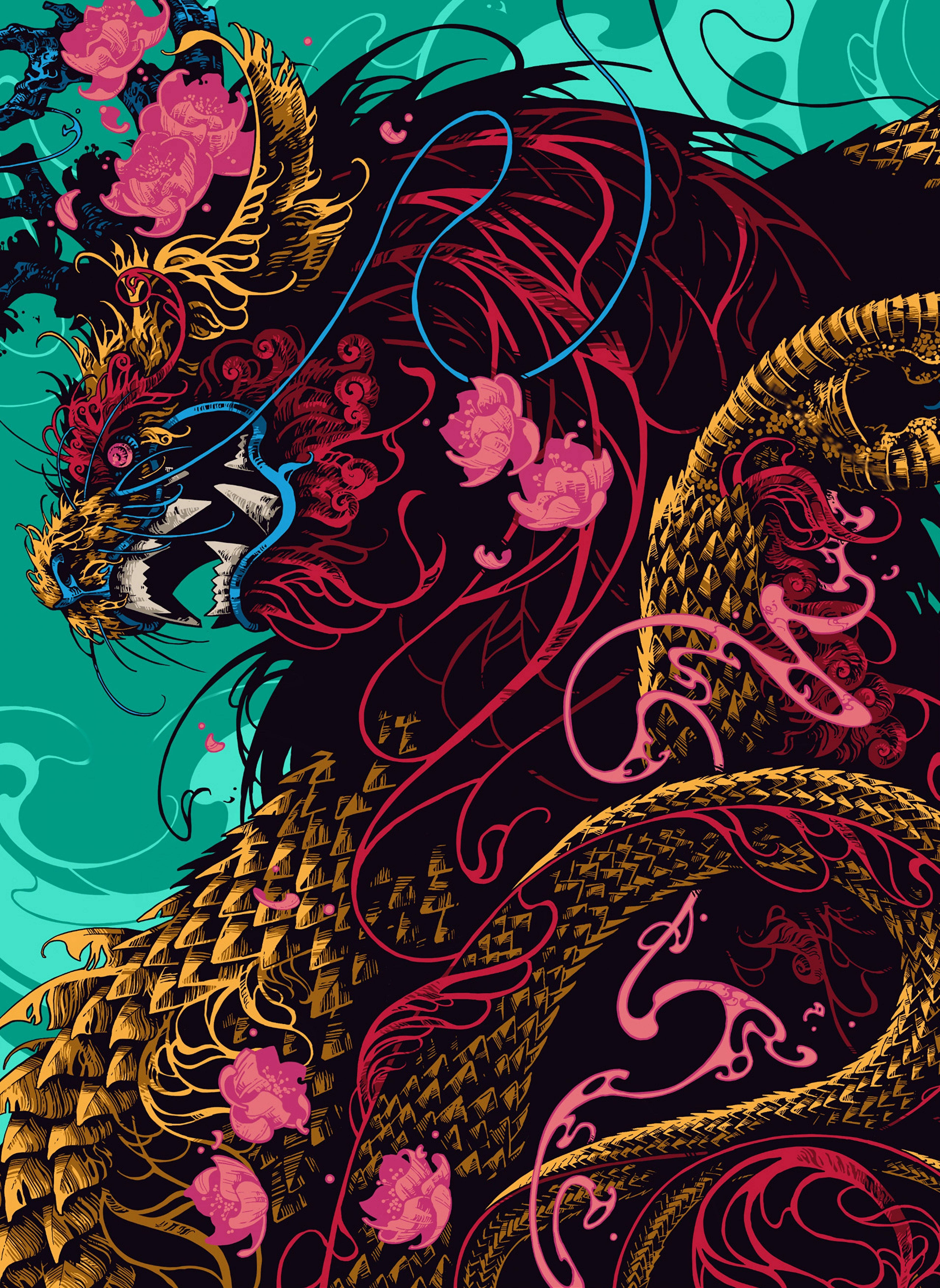 Japannese Draak Kuns met Pienk Lotus Muurpapier