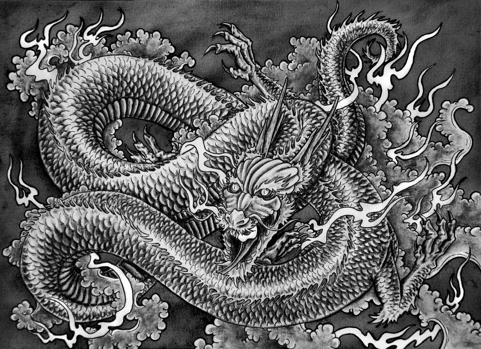 Japannese Draak Rekenaar Swart en Wit Skets Muurpapier