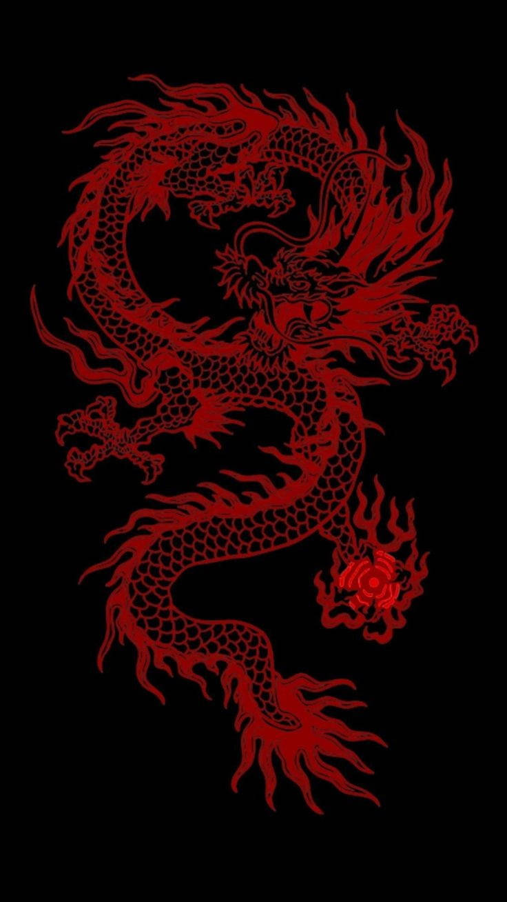 Japannese Draak Kuns Neon Rooi Omtrek Muurpapier