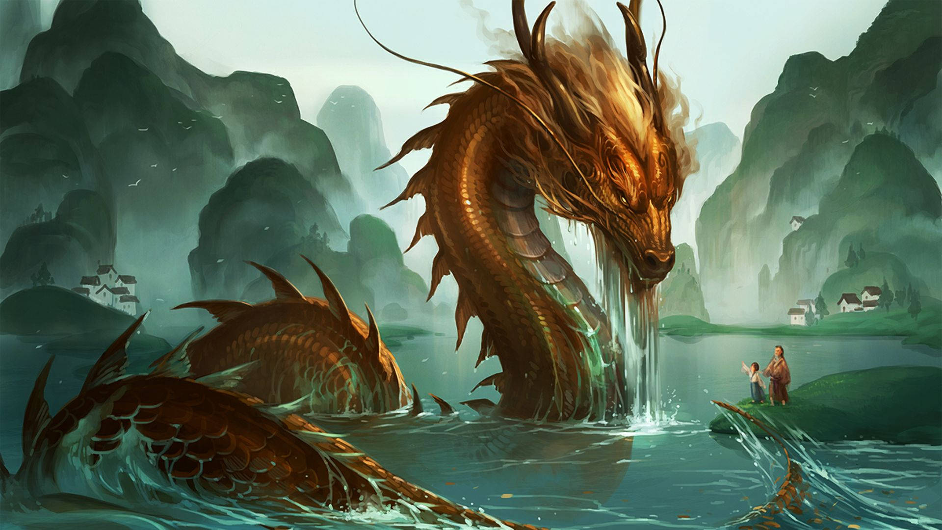 Japannese Draak Kuns Majestueuse Rivierdraak Muurpapier