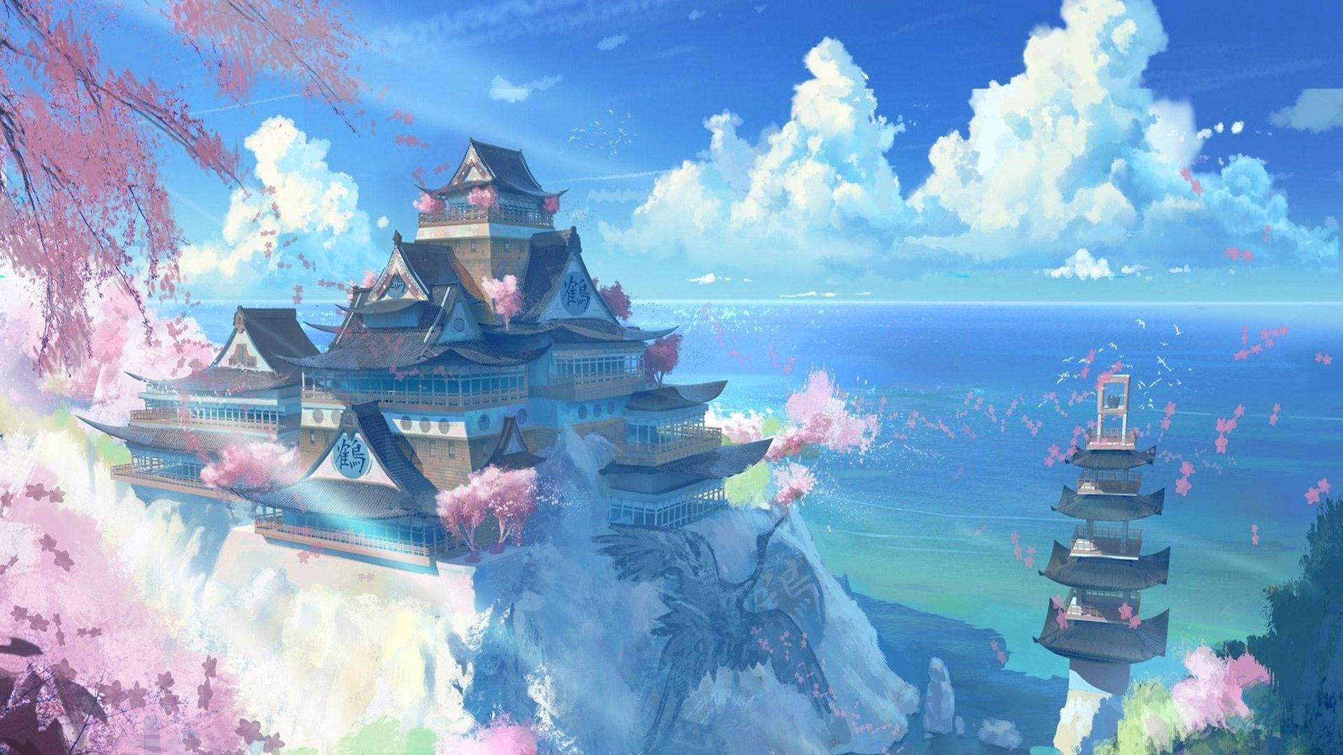 Japannese Kasteel Anime Landskap Muurpapier
