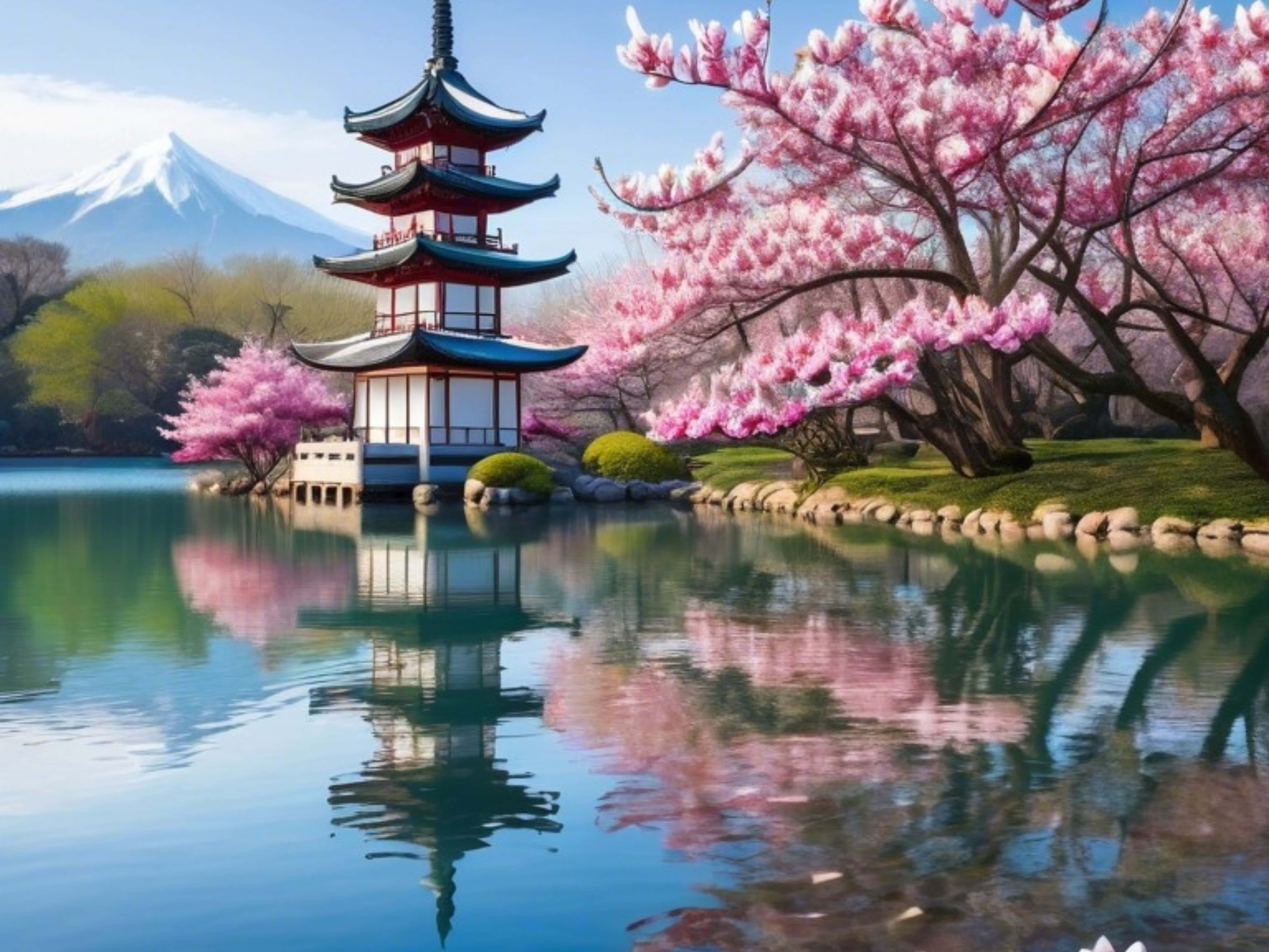 Japannese landskap met 'n rustige meer, kersiebloeisels, 'n heiligdom en berge. Muurpapier