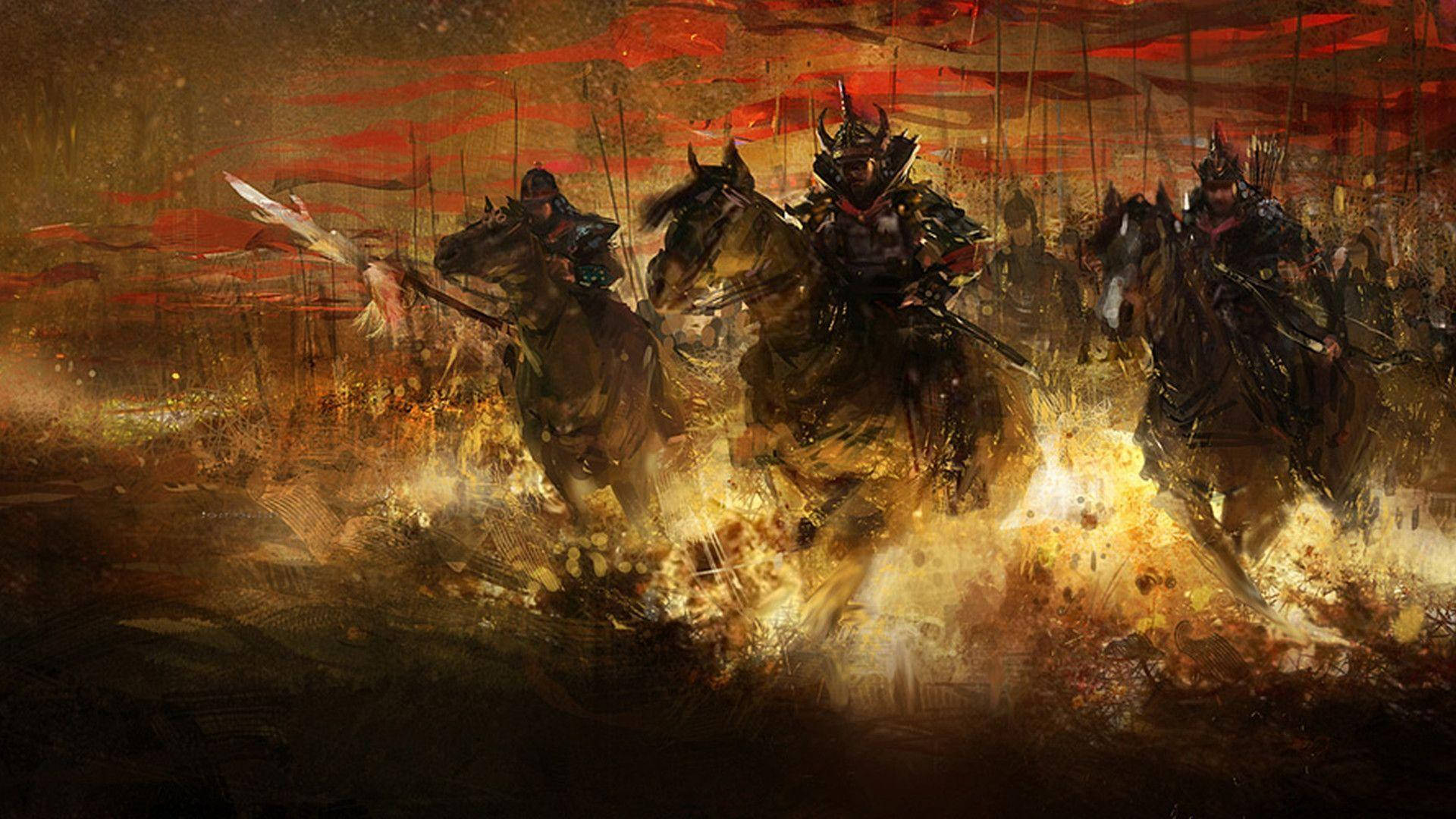 Japannese Samurai Vlamme en Perde Muurpapier