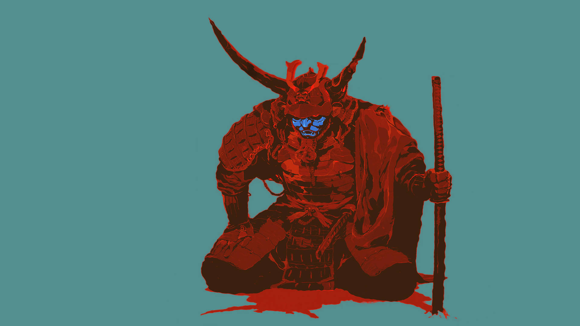 Japannese Samurai Teal Agtergrond Muurpapier