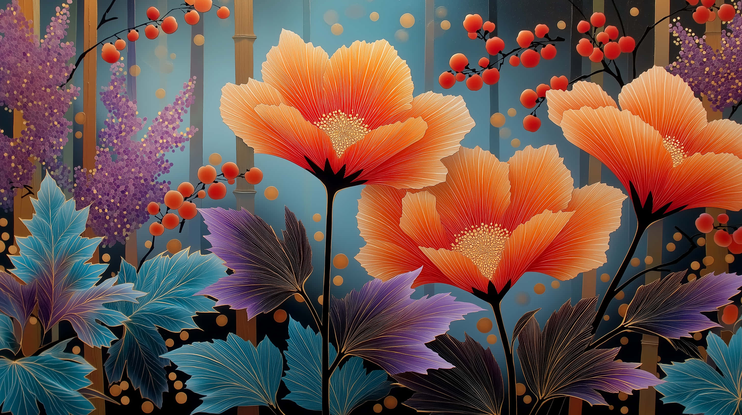 Japannse Styl Abstracte Skildery met Vet Oranje Blomme Muurpapier