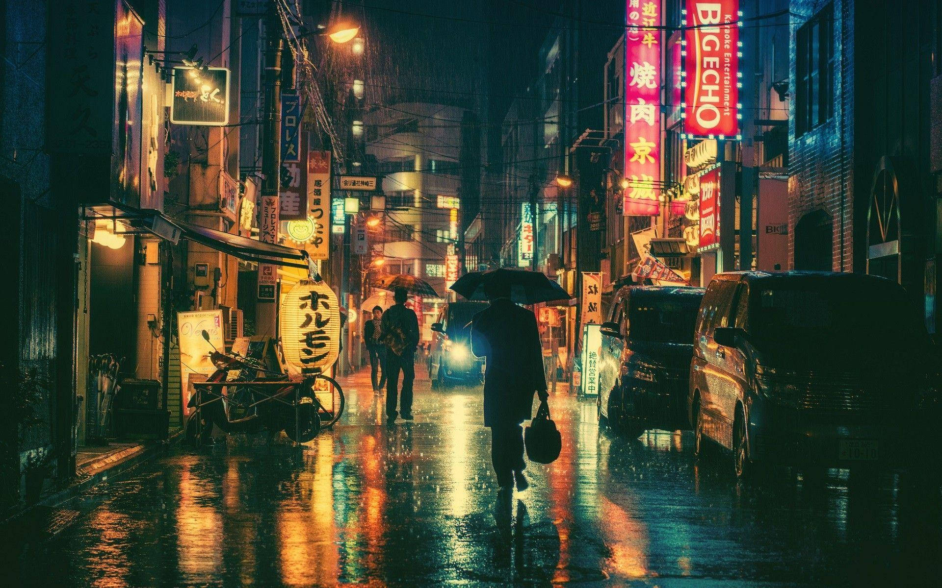Japanse Anime Stad met Reklameborde Muurpapier