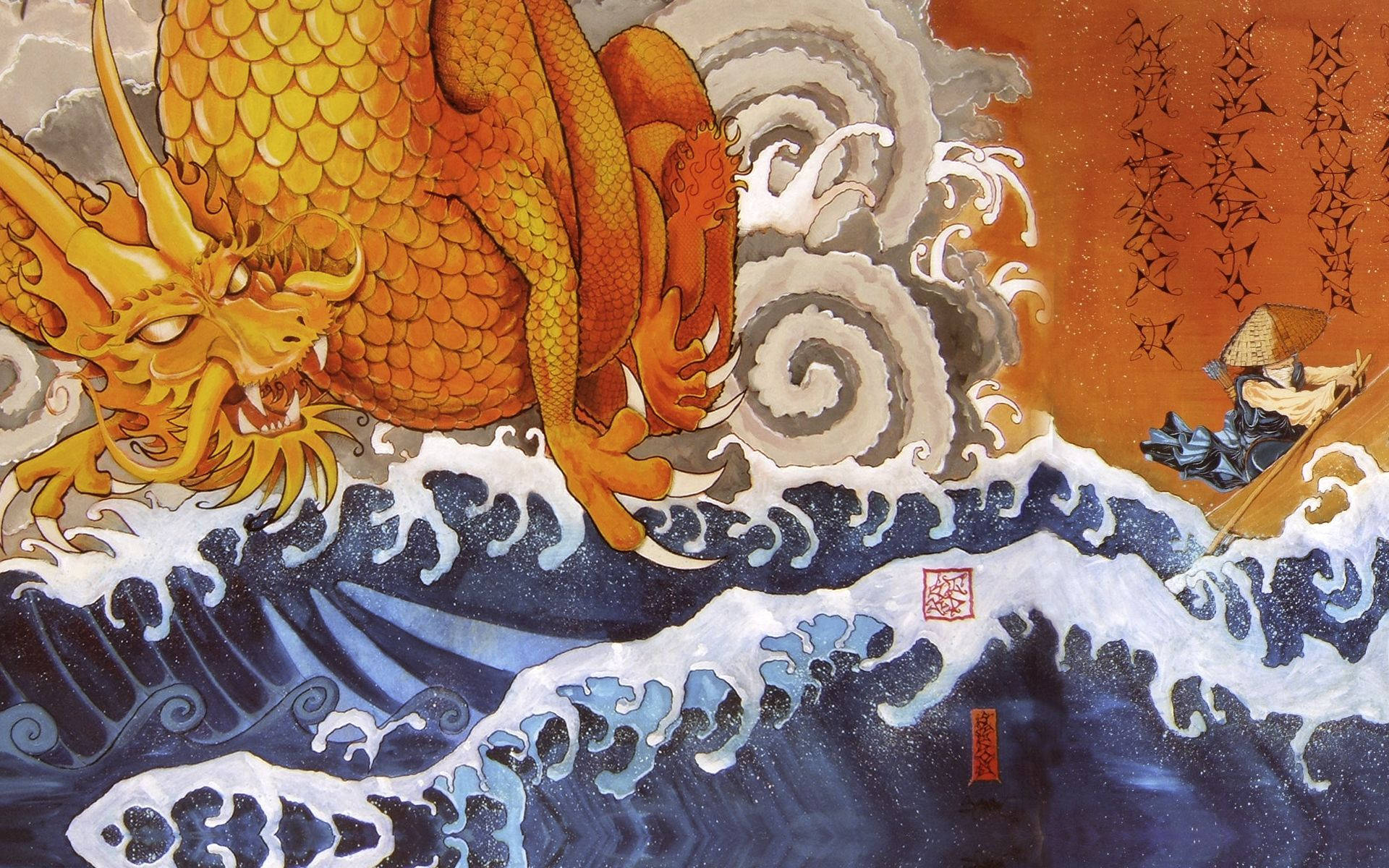 Japanse Draak Kuns op Ruwe See Muurpapier