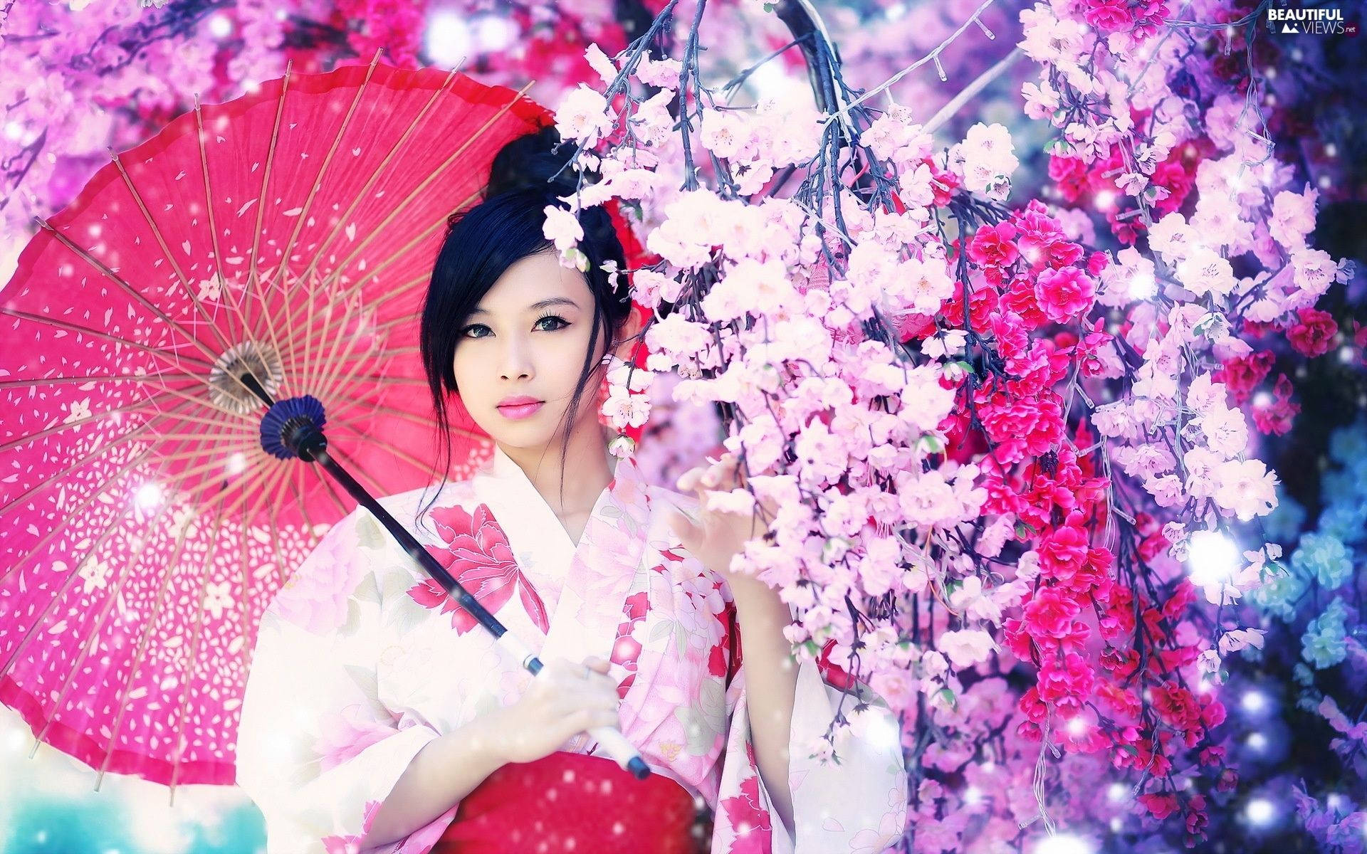 Japanse Meisie Pienk Blomme Estetika Muurpapier