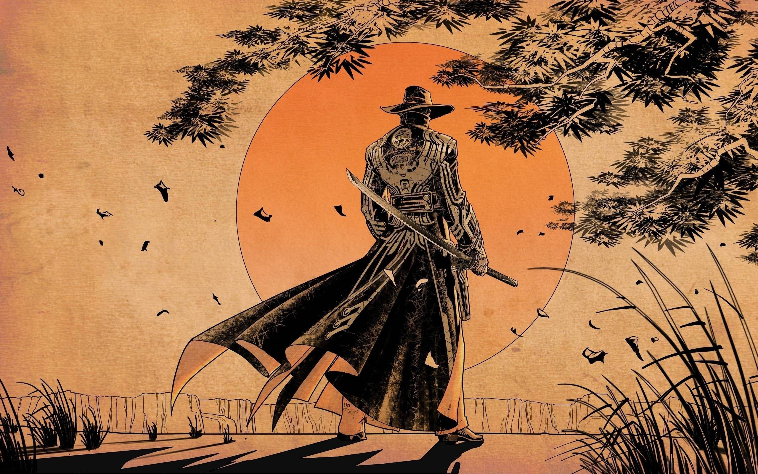 Japanse Samurai Cowboy Hoed Muurpapier