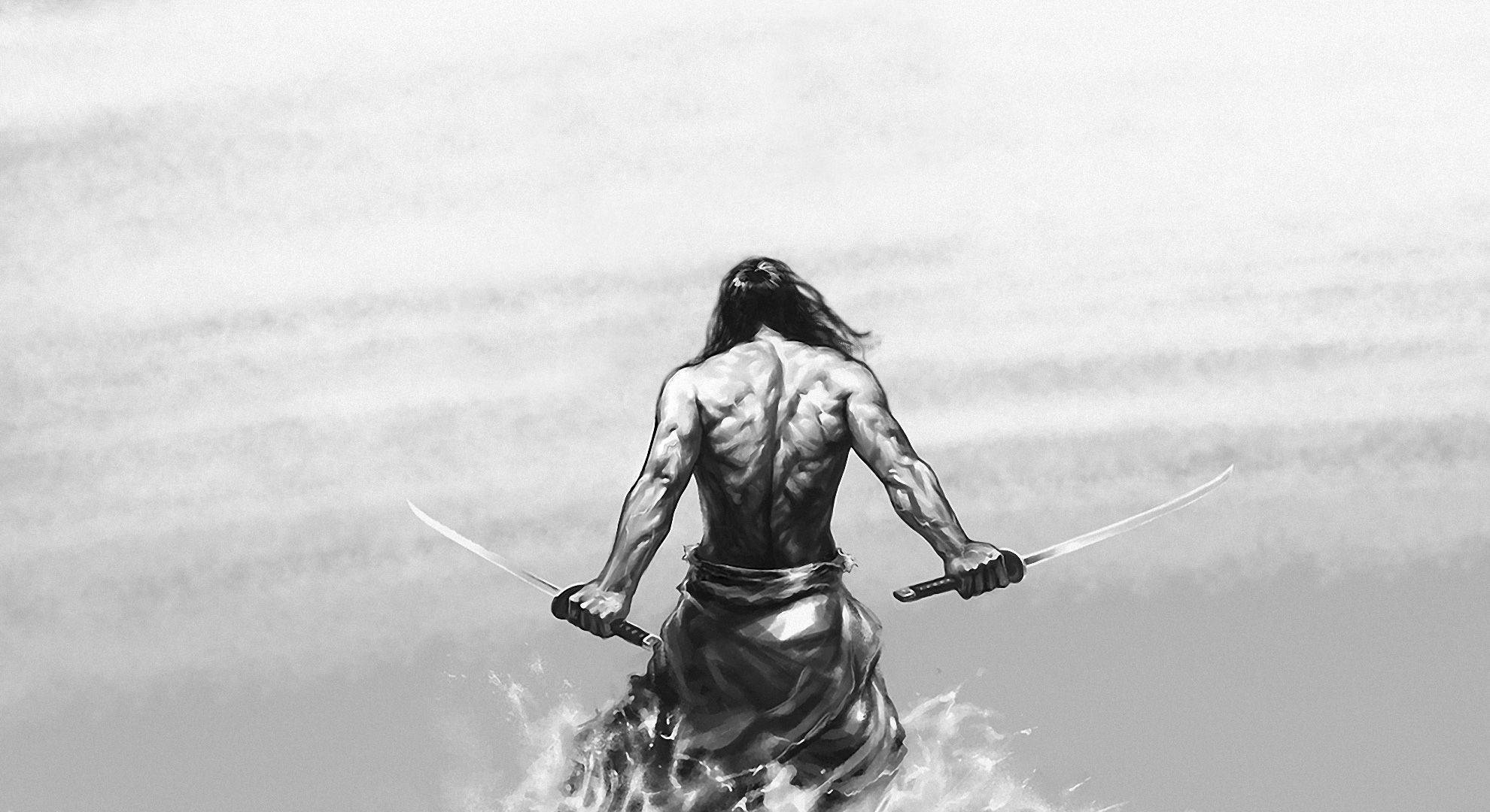 Japanse Samurai in Water Muurpapier